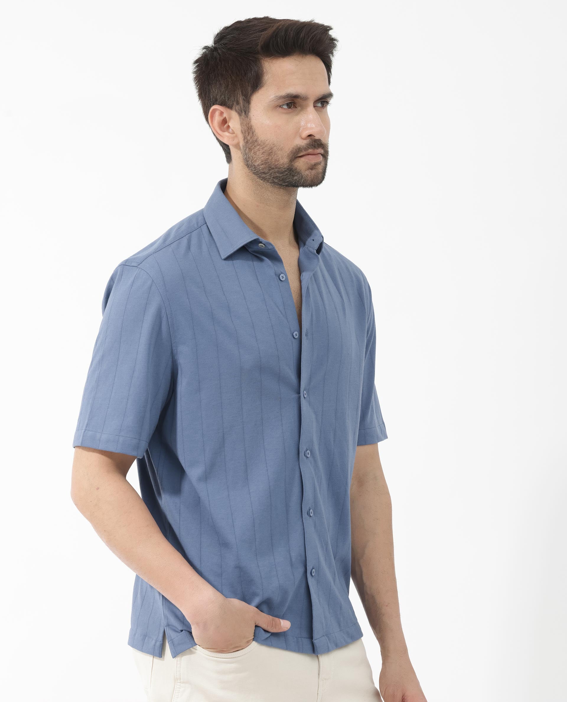 Rare Rabbit Men's Vert SS Blue Cotton Fabric Half Sleeves Boxy Fit Self Stripes Knit Shirt