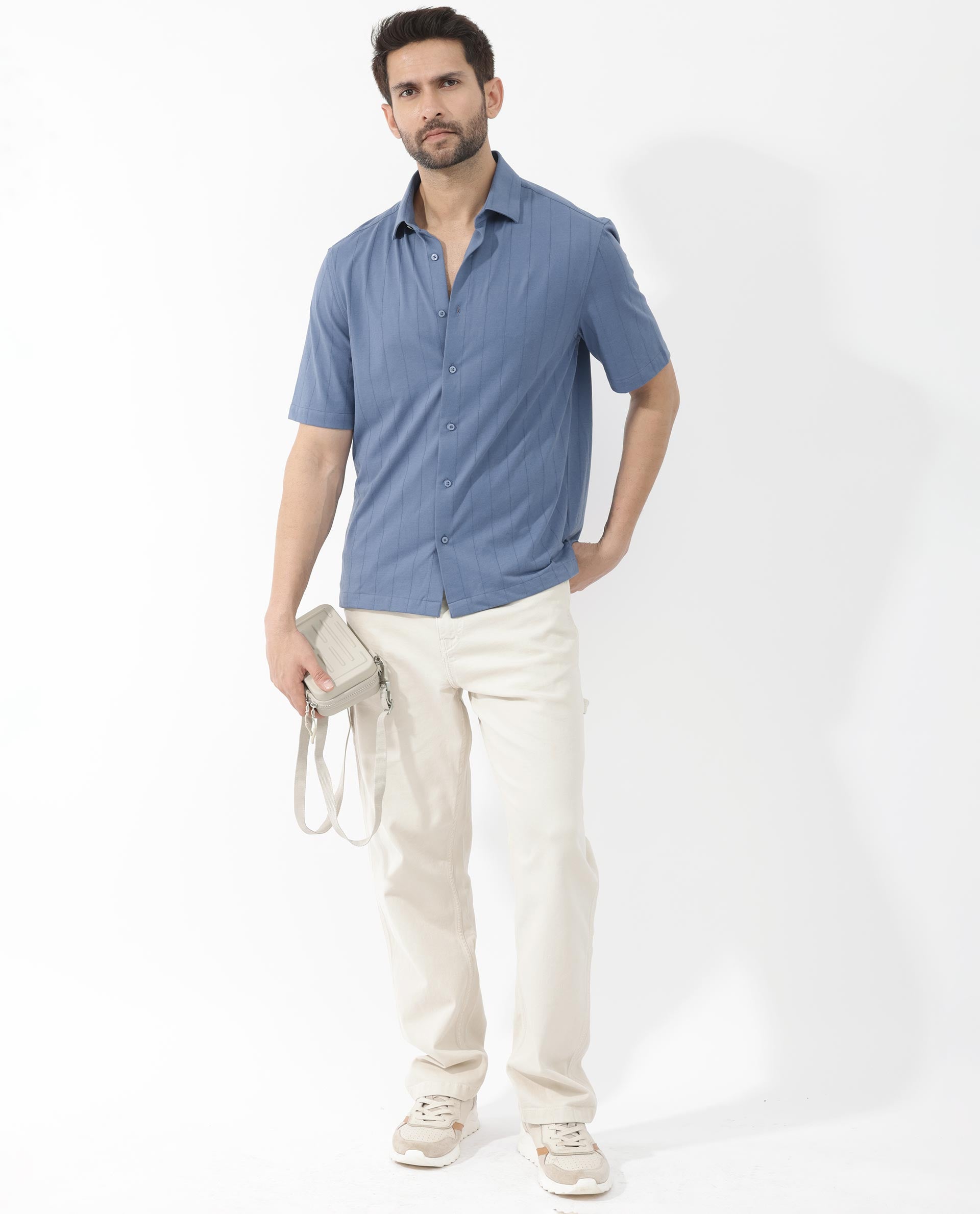 Rare Rabbit Men's Vert SS Blue Cotton Fabric Half Sleeves Boxy Fit Self Stripes Knit Shirt