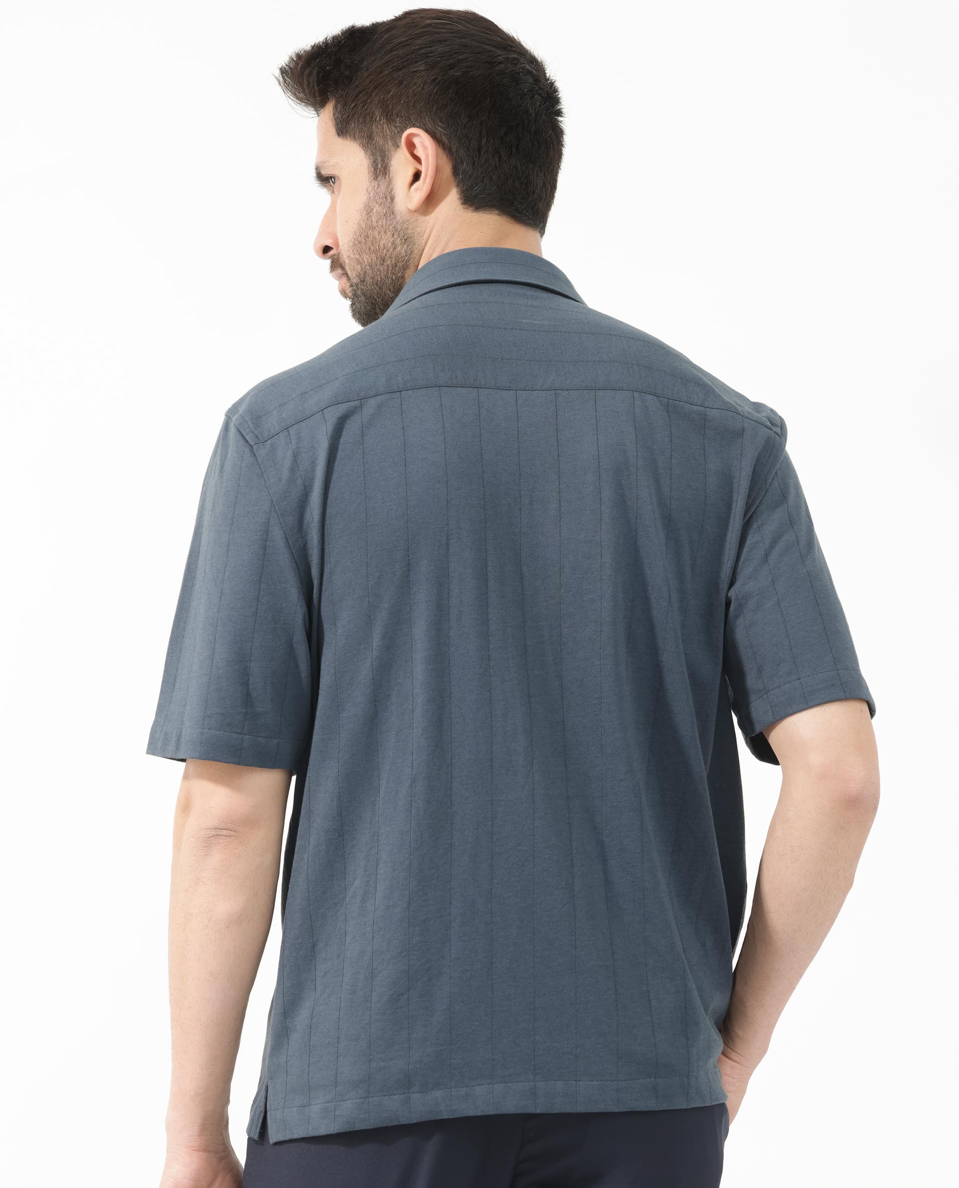 Rare Rabbit Men's Vert SS Dusky Teal Cotton Fabric Half Sleeves Boxy Fit Self Stripes Knit Shirt