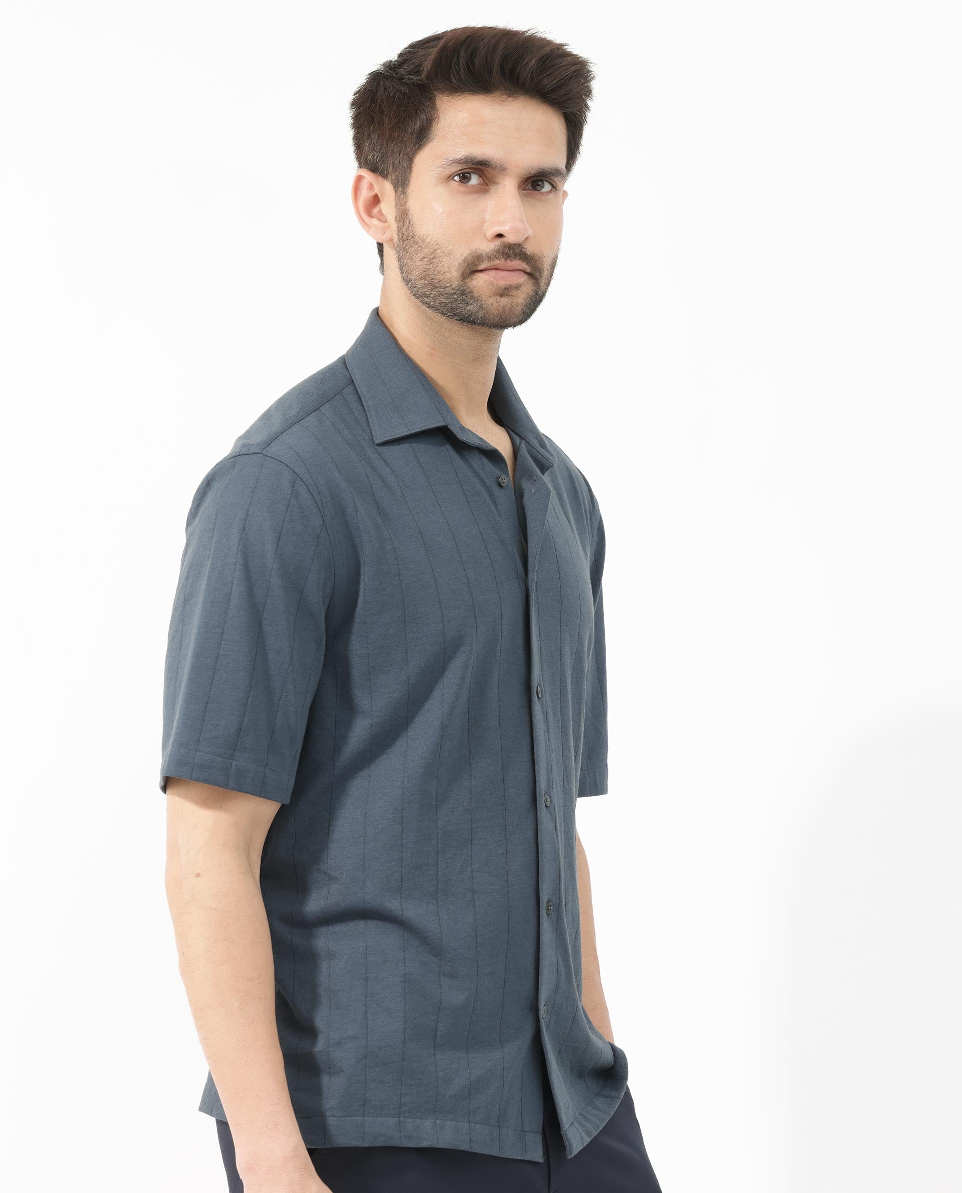 Rare Rabbit Men's Vert SS Dusky Teal Cotton Fabric Half Sleeves Boxy Fit Self Stripes Knit Shirt