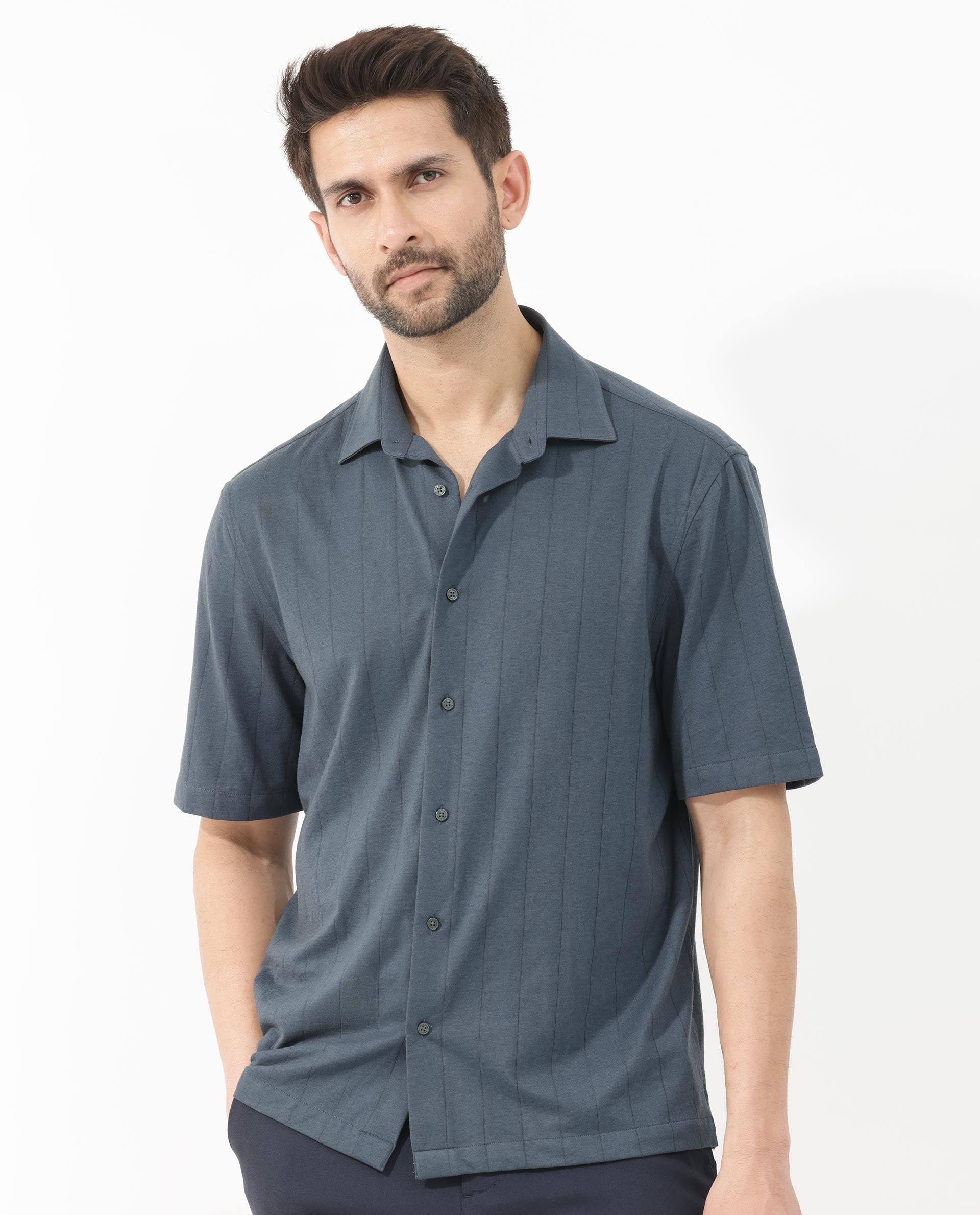 Rare Rabbit Men's Vert SS Dusky Teal Cotton Fabric Half Sleeves Boxy Fit Self Stripes Knit Shirt