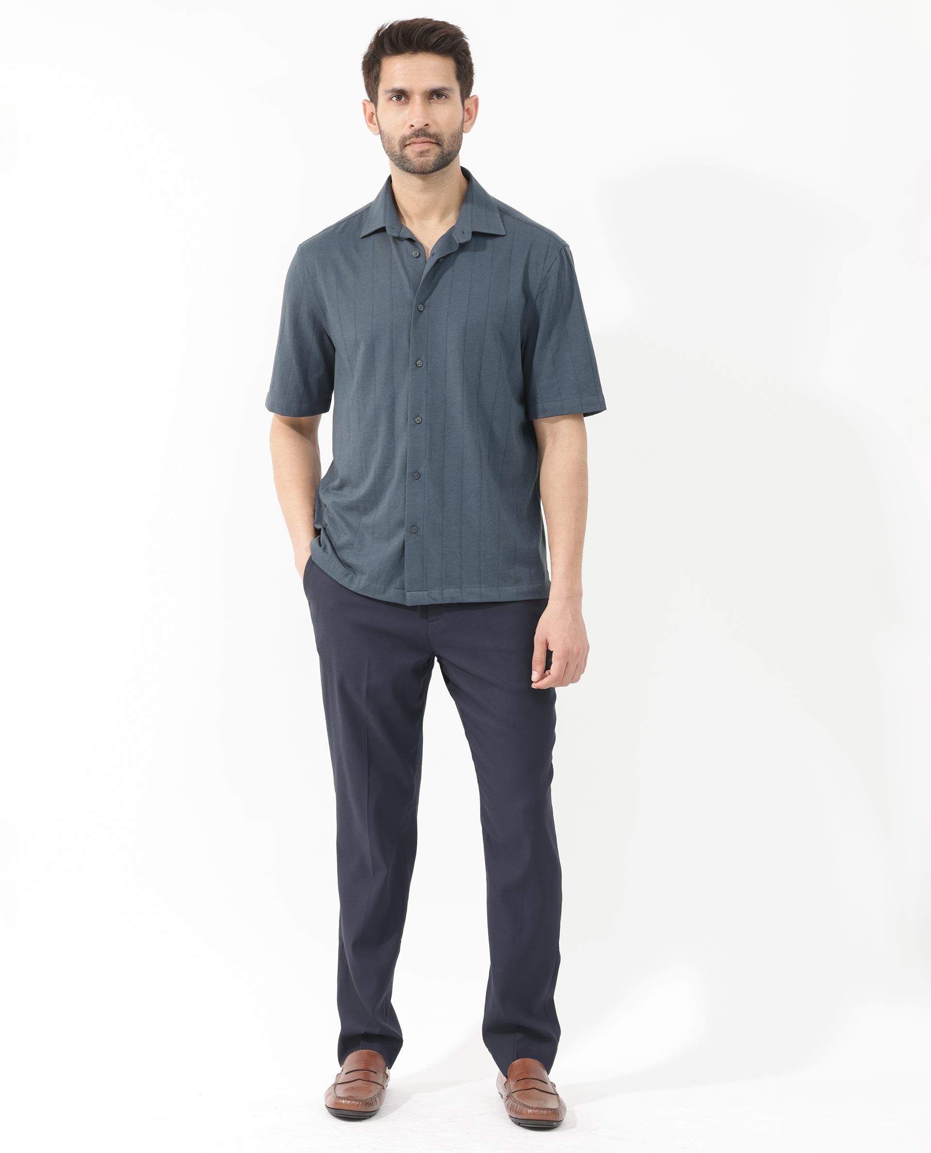 Rare Rabbit Men's Vert SS Dusky Teal Cotton Fabric Half Sleeves Boxy Fit Self Stripes Knit Shirt