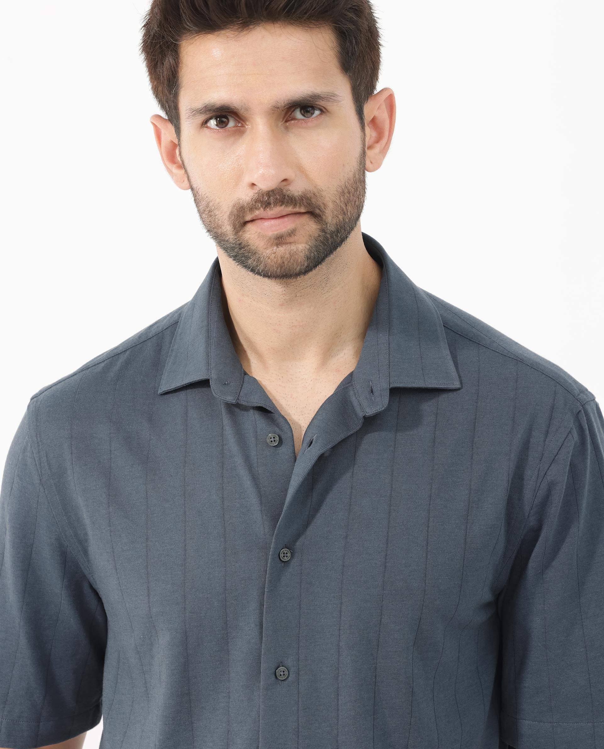 Rare Rabbit Men's Vert SS Dusky Teal Cotton Fabric Half Sleeves Boxy Fit Self Stripes Knit Shirt