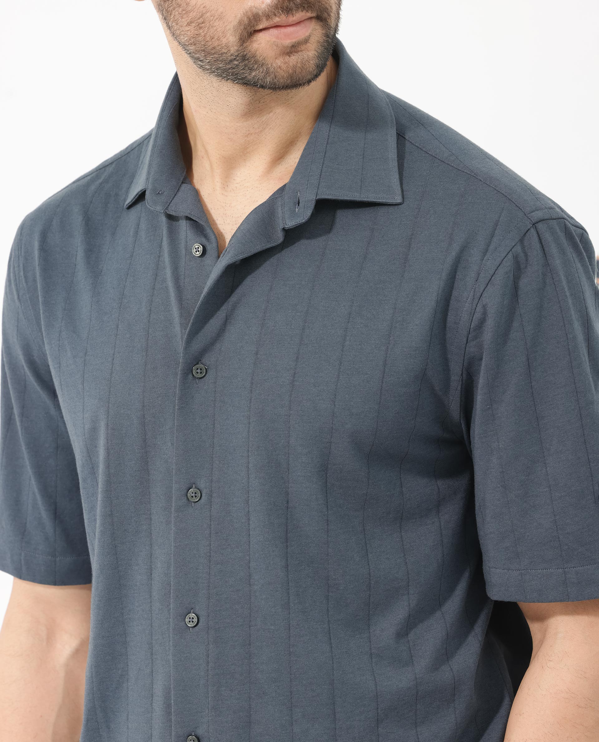 Rare Rabbit Men's Vert SS Dusky Teal Cotton Fabric Half Sleeves Boxy Fit Self Stripes Knit Shirt