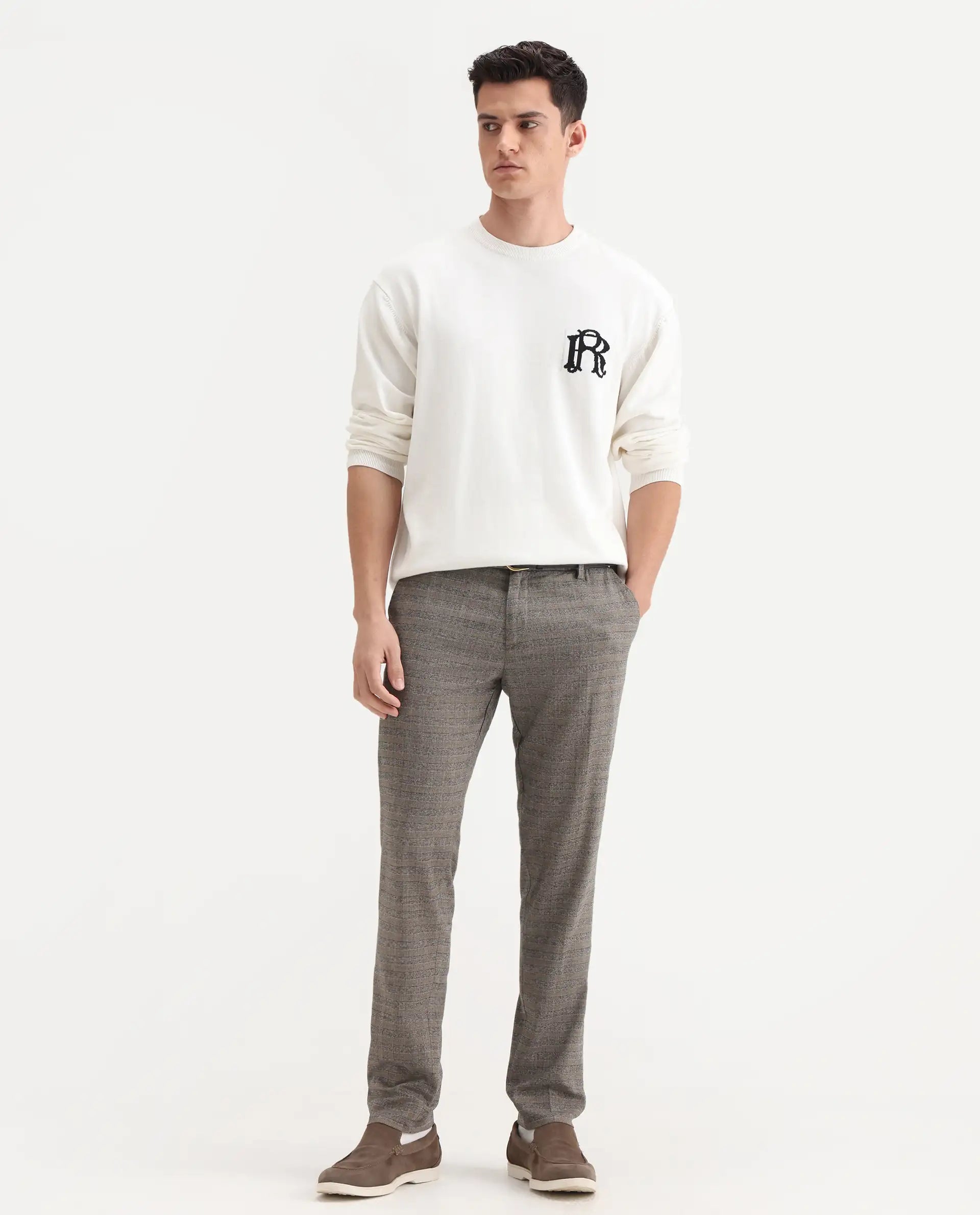 Rare Rabbit Men's Vertex Grey Polyester Checked Print Regular Fit Trouser