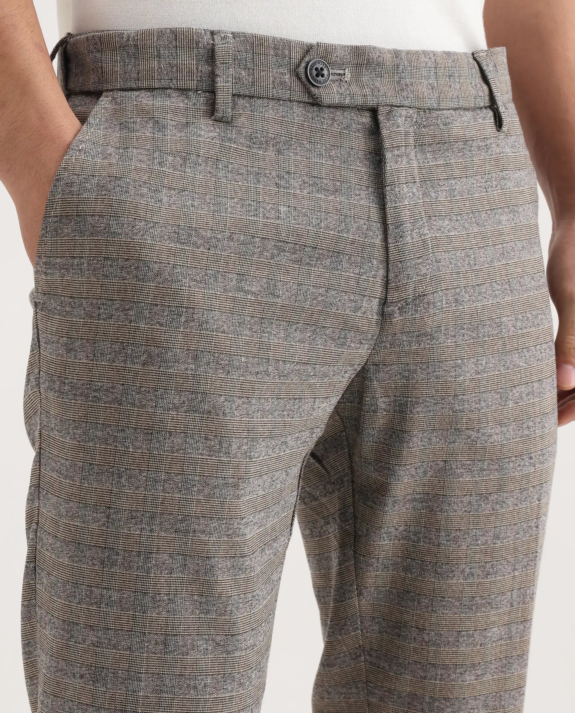 Rare Rabbit Men's Vertex Grey Polyester Checked Print Regular Fit Trouser