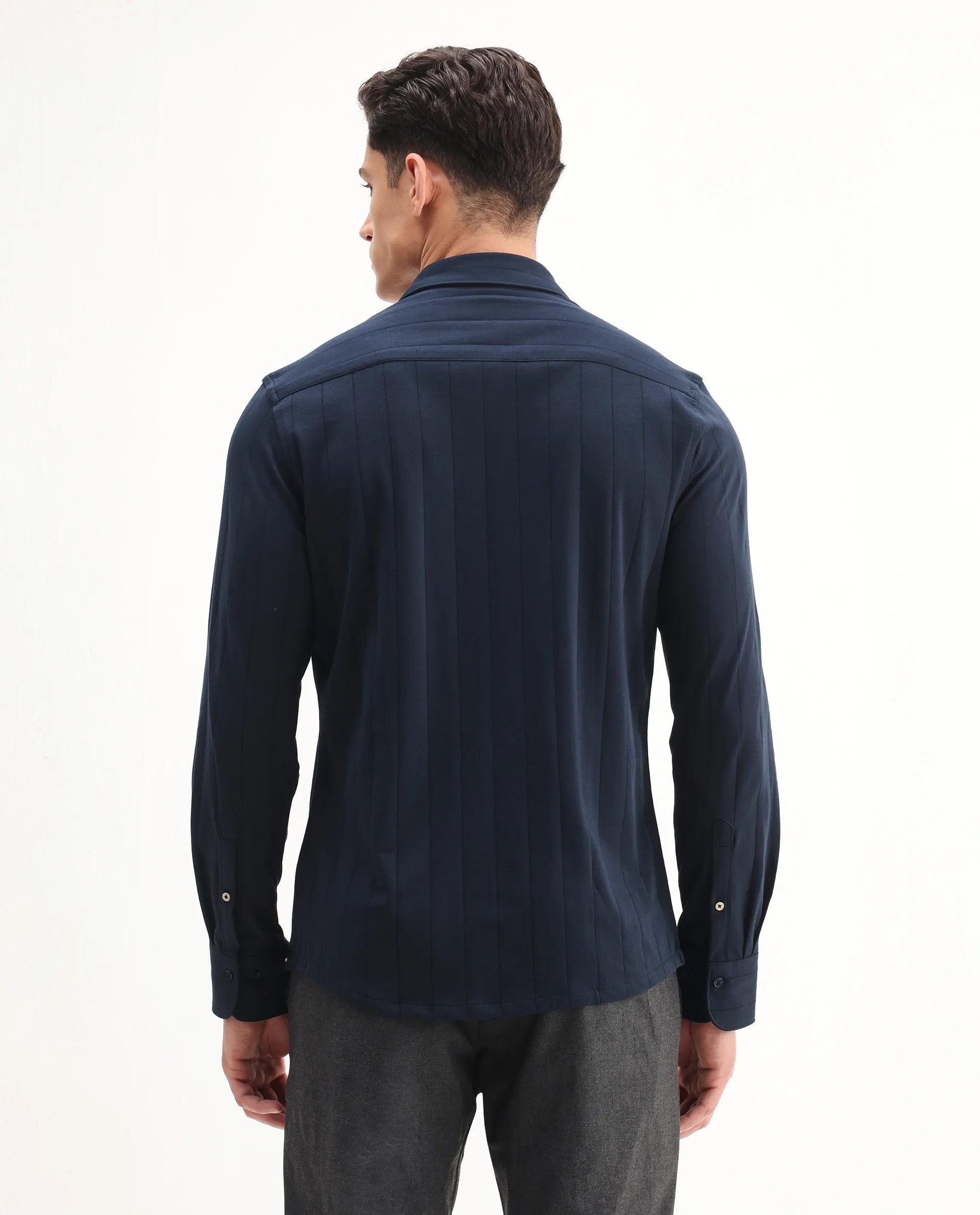 Rare Rabbit Men's Vert-Ls-25 Navy Cotton Blend Striped Print Regular Fit Full Sleeve Collared Shirt