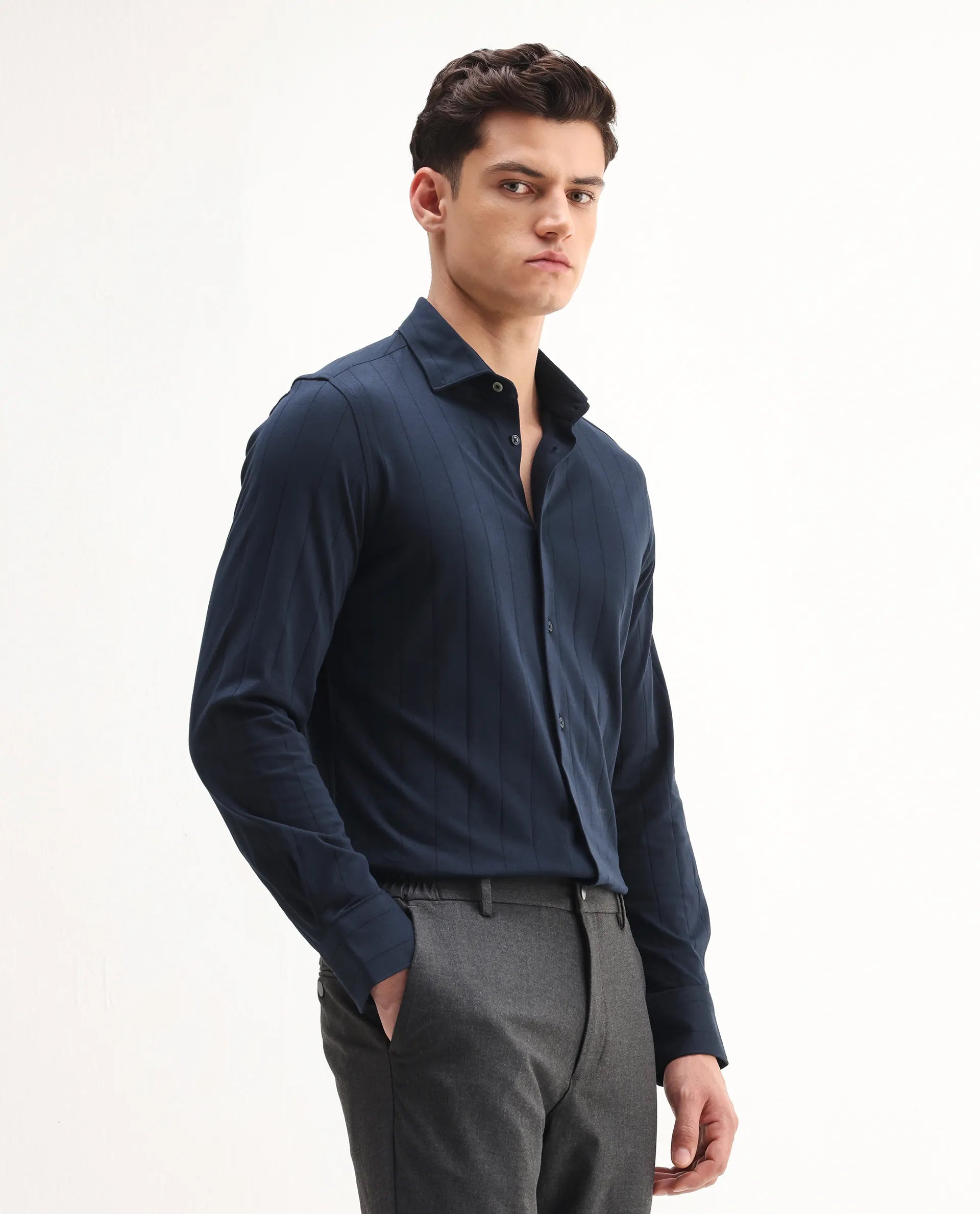 Rare Rabbit Men's Vert-Ls-25 Navy Cotton Blend Striped Print Regular Fit Full Sleeve Collared Shirt