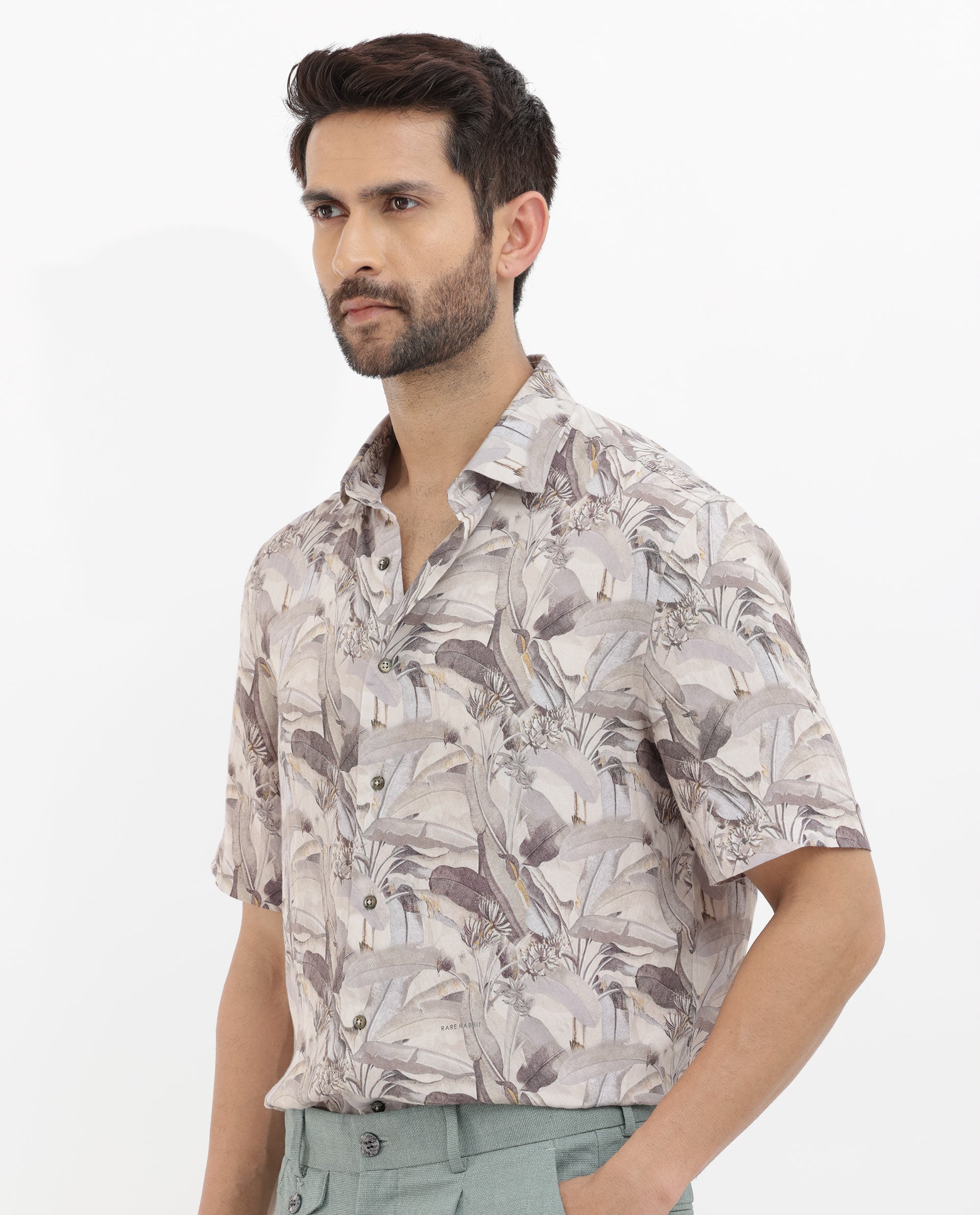 Rare Rabbit Mens Verton Beige Short Sleeve Regular Collar Boxy Fit Tropical Print Shirt