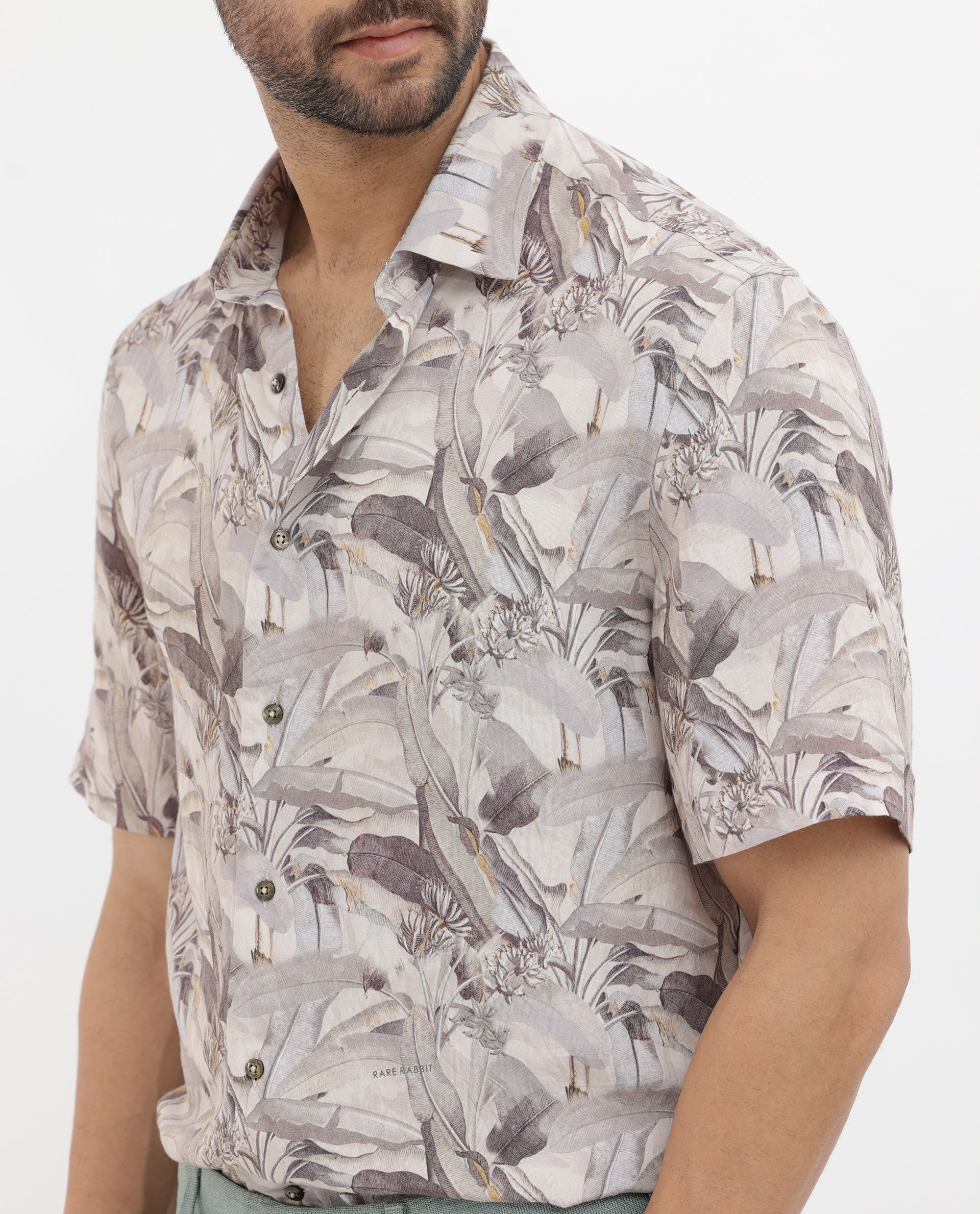 Rare Rabbit Mens Verton Beige Short Sleeve Regular Collar Boxy Fit Tropical Print Shirt