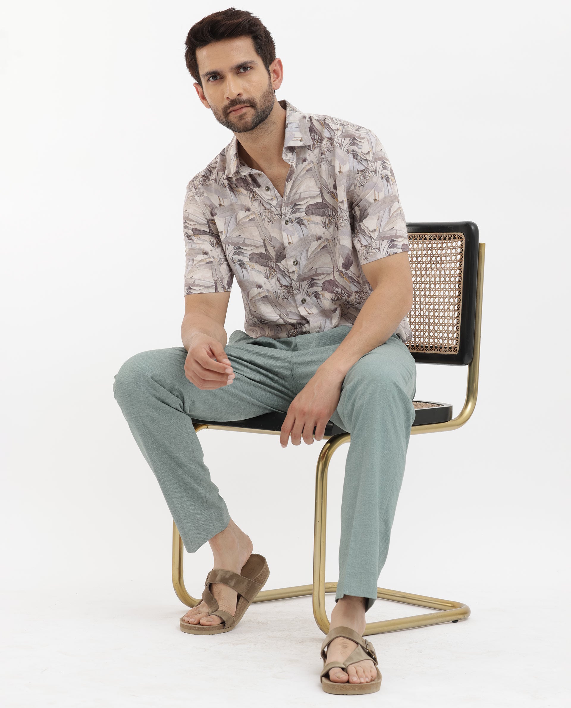 Rare Rabbit Mens Verton Beige Short Sleeve Regular Collar Boxy Fit Tropical Print Shirt