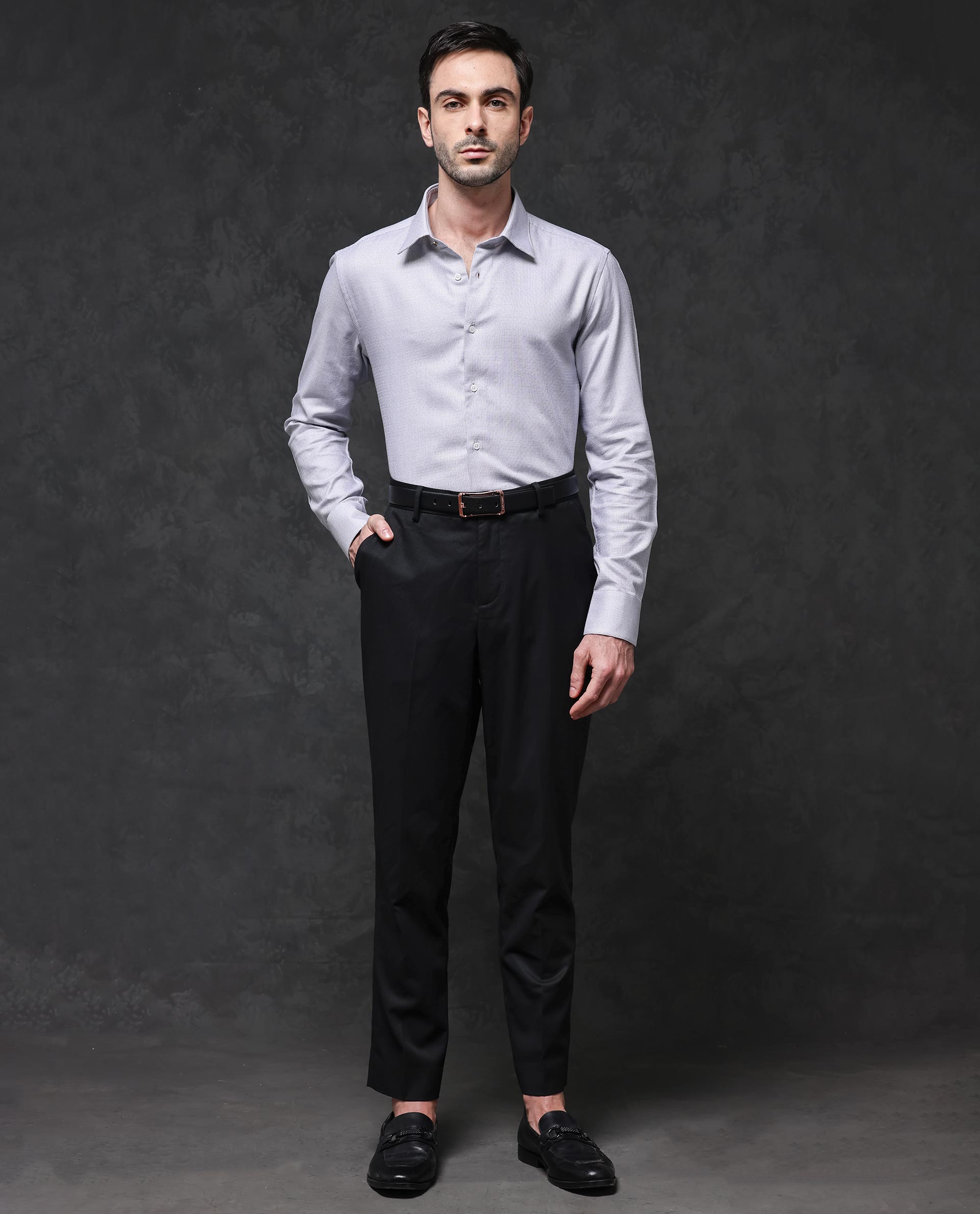 Rare Rabbit Mens Veslo Light Grey Cotton Fabric Full Sleeves Jacquard Textured Geometric Pattern Shirt