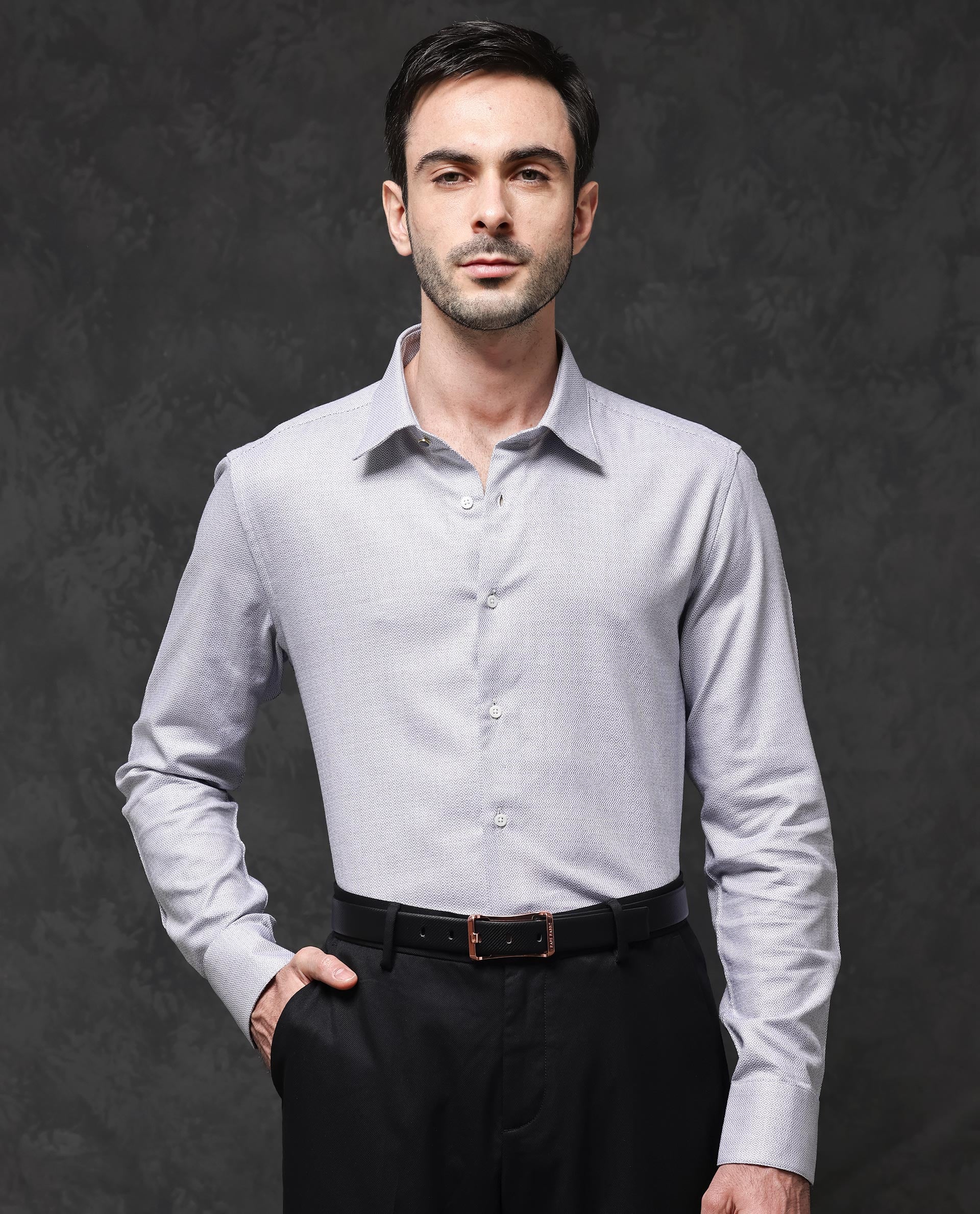 Rare Rabbit Mens Veslo Light Grey Cotton Fabric Full Sleeves Jacquard Textured Geometric Pattern Shirt