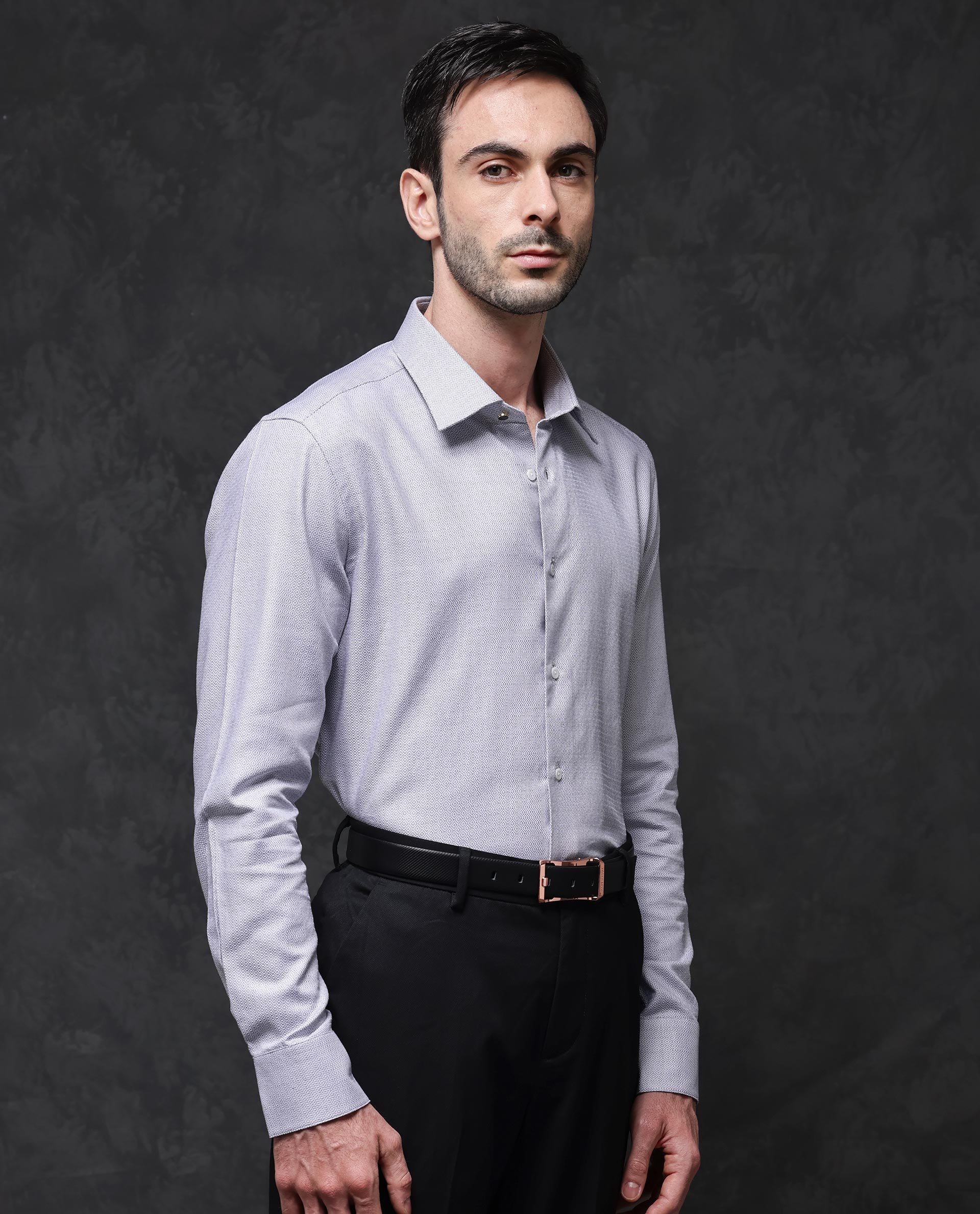 Rare Rabbit Mens Veslo Light Grey Cotton Fabric Full Sleeves Jacquard Textured Geometric Pattern Shirt