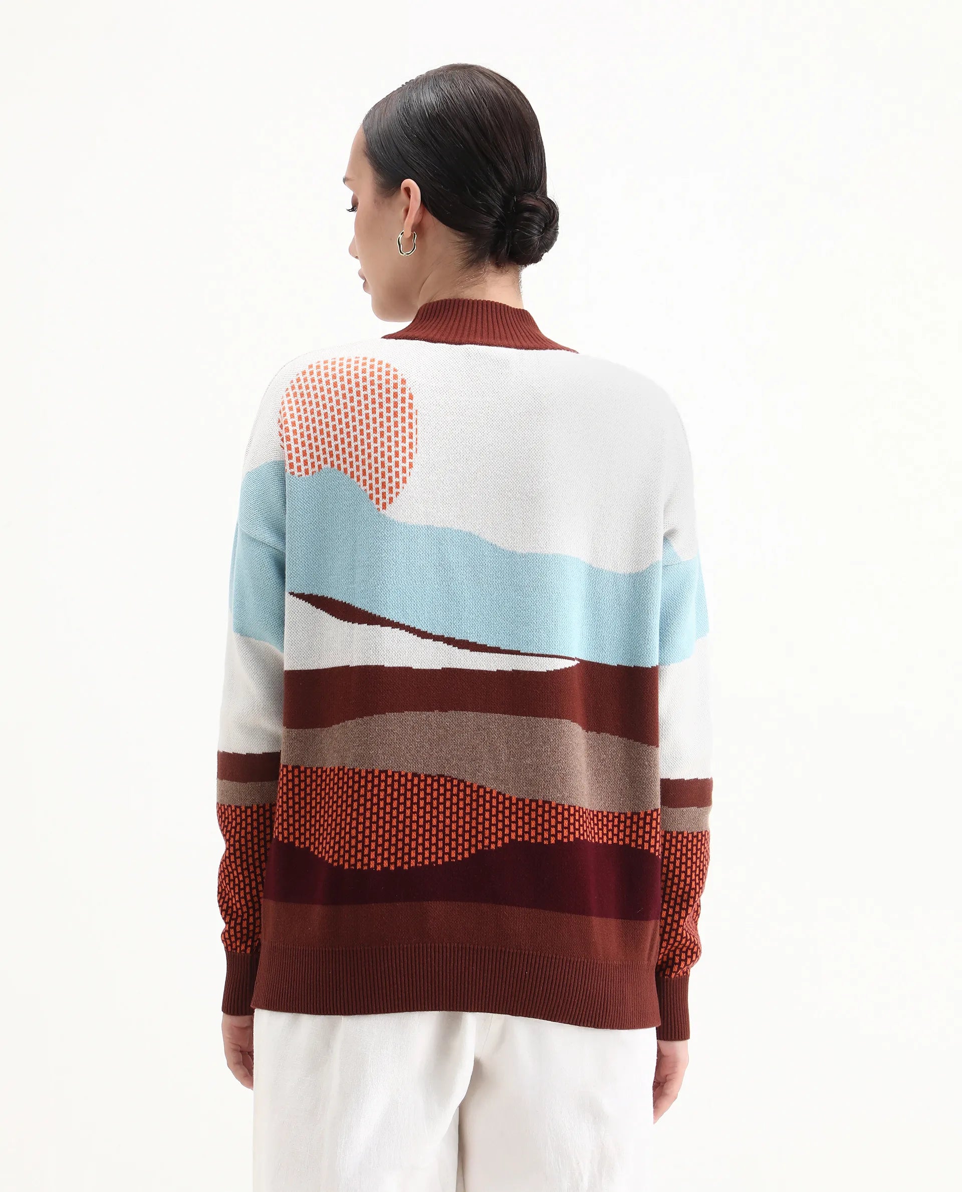 Rareism Women's Vesta Multi Cotton High Neck Abstract Print Relaxed Fit Top