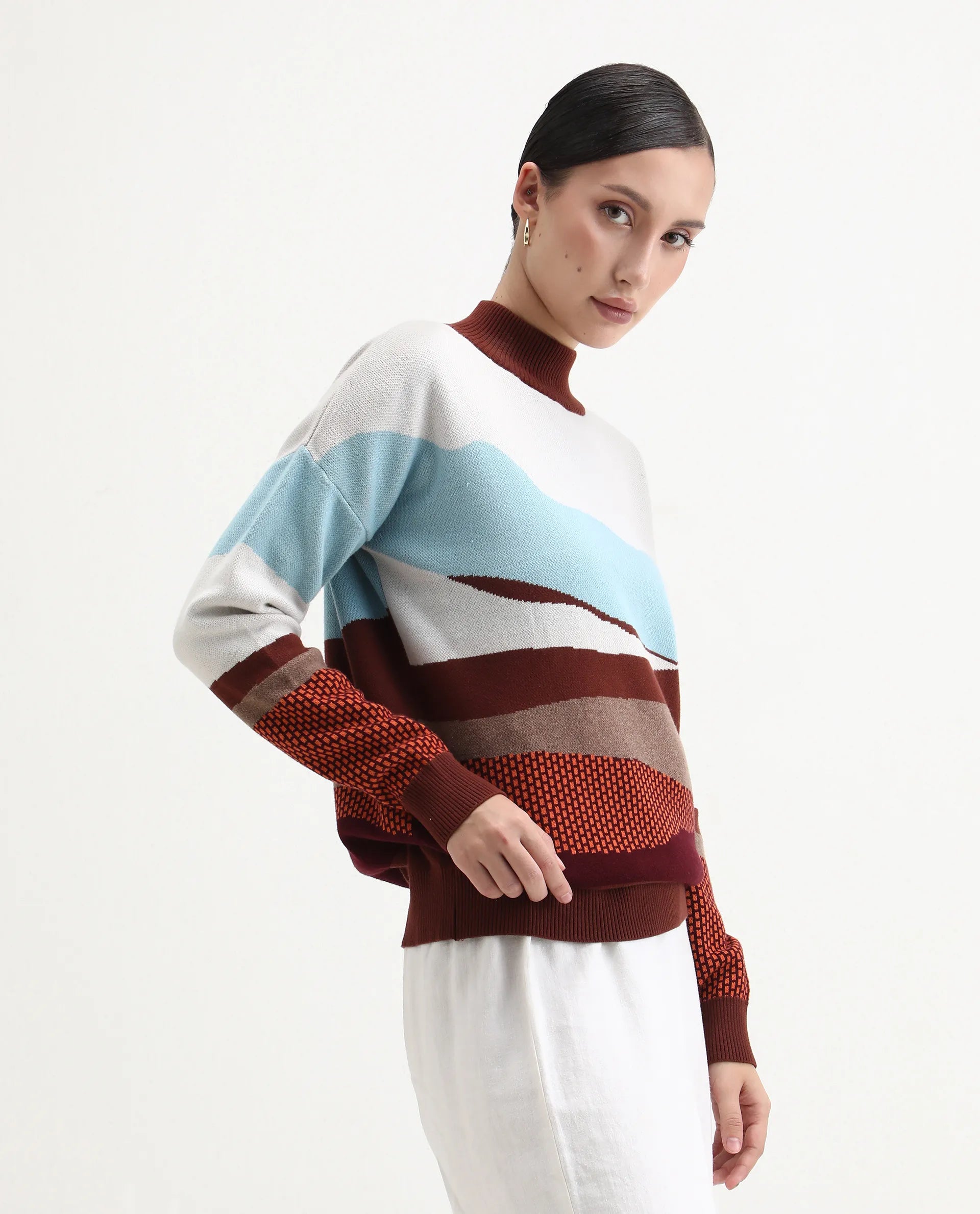 Rareism Women's Vesta Multi Cotton High Neck Abstract Print Relaxed Fit Top