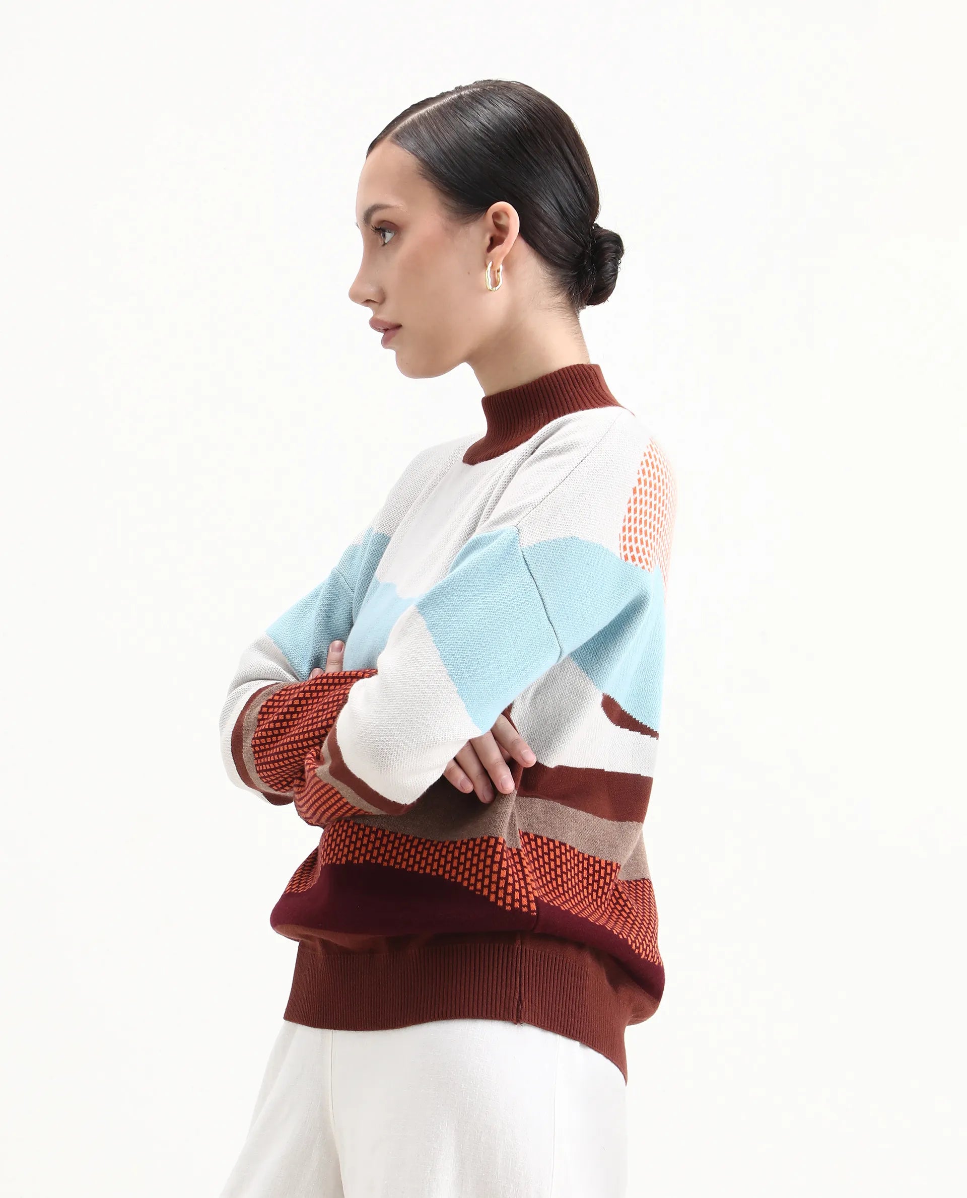 Rareism Women's Vesta Multi Cotton High Neck Abstract Print Relaxed Fit Top