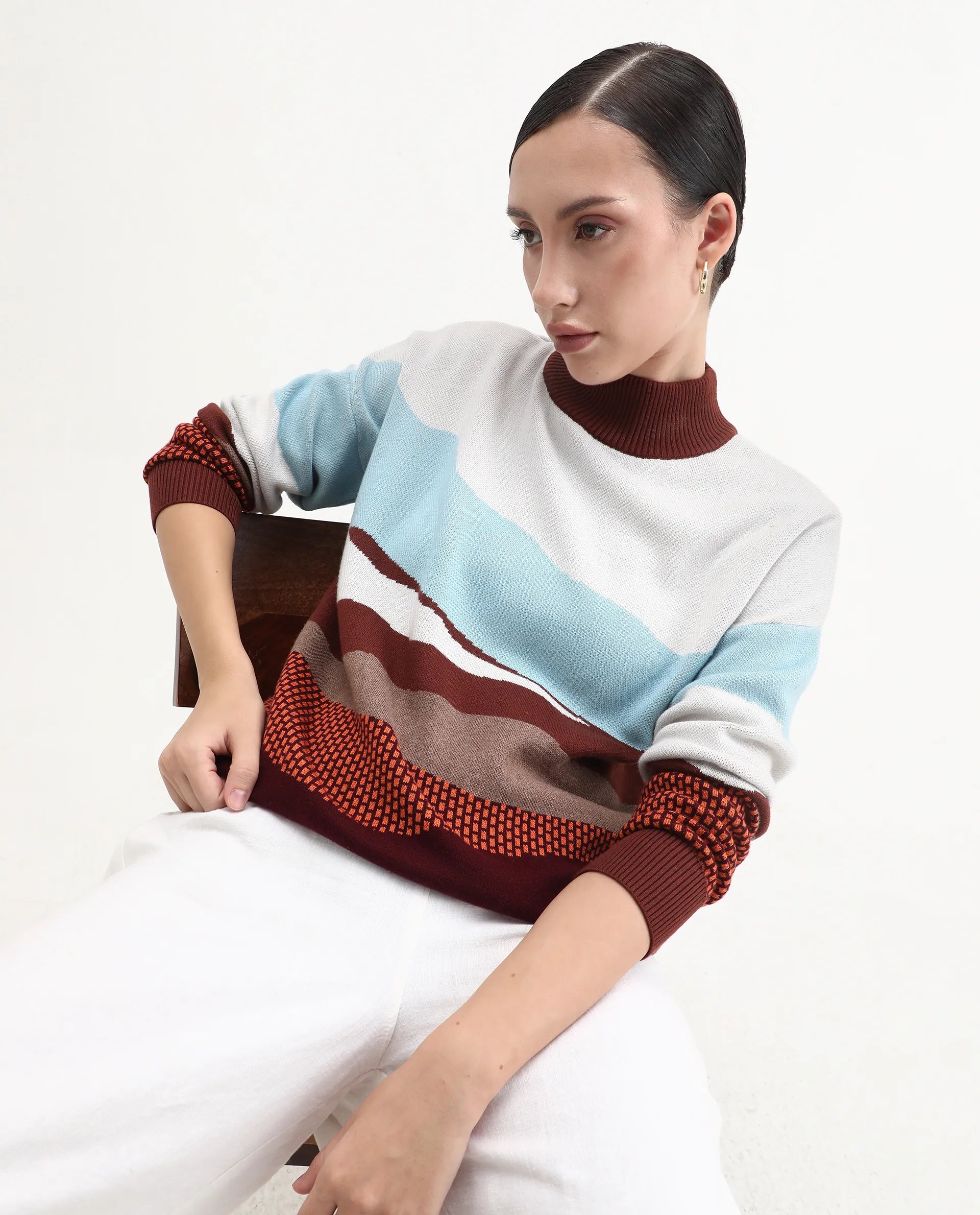 Rareism Women's Vesta Multi Cotton High Neck Abstract Print Relaxed Fit Top