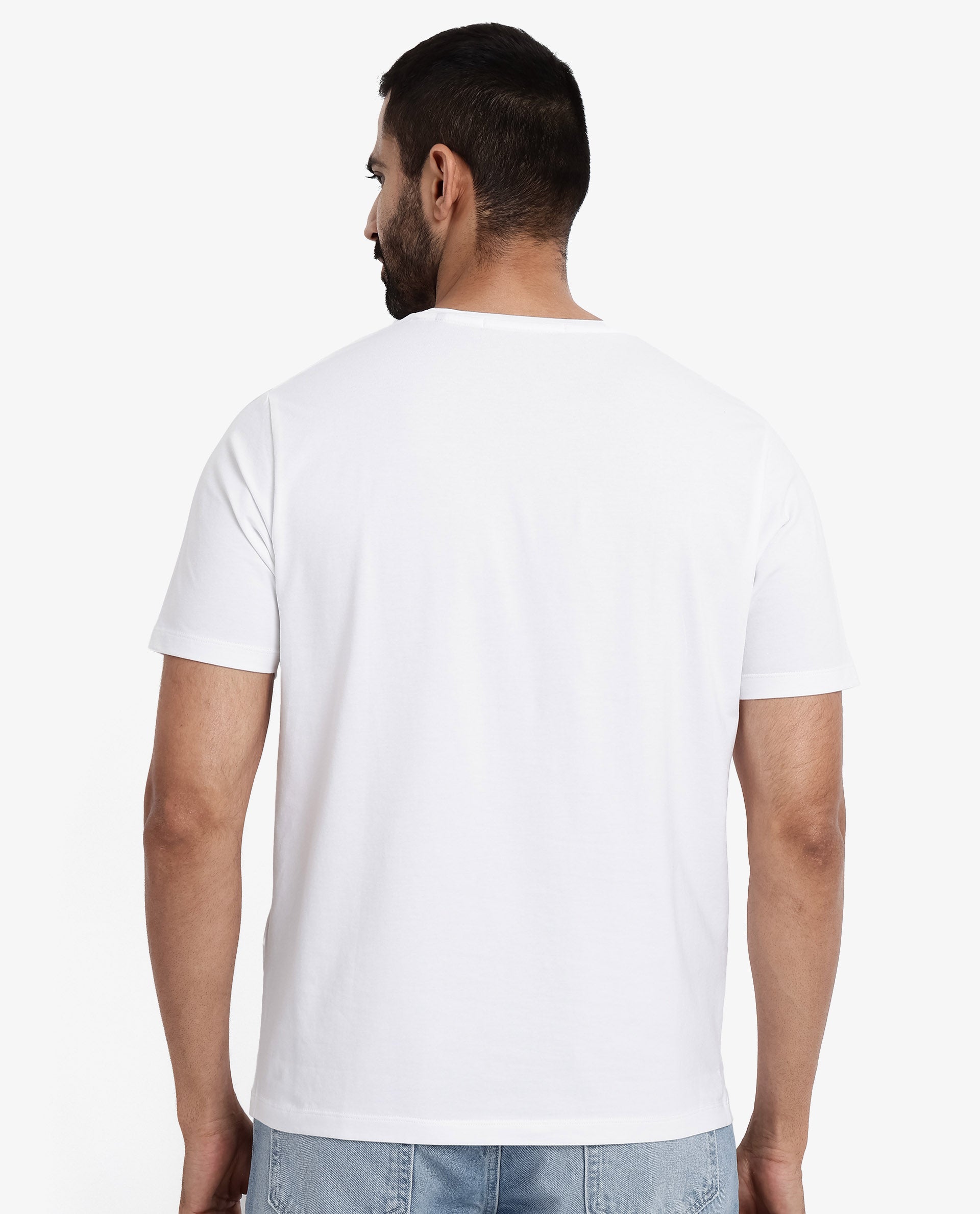 Rare Rabbit Men Vetos White Cotton Lycra Fabric Short Sleeve Crew Neck Regular Fit Logo Graphic Print T-Shirt