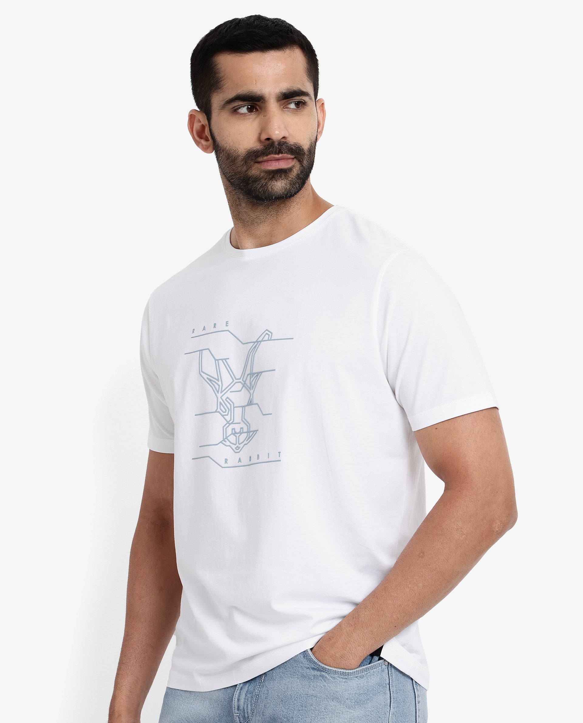 Rare Rabbit Men Vetos White Cotton Lycra Fabric Short Sleeve Crew Neck Regular Fit Logo Graphic Print T-Shirt
