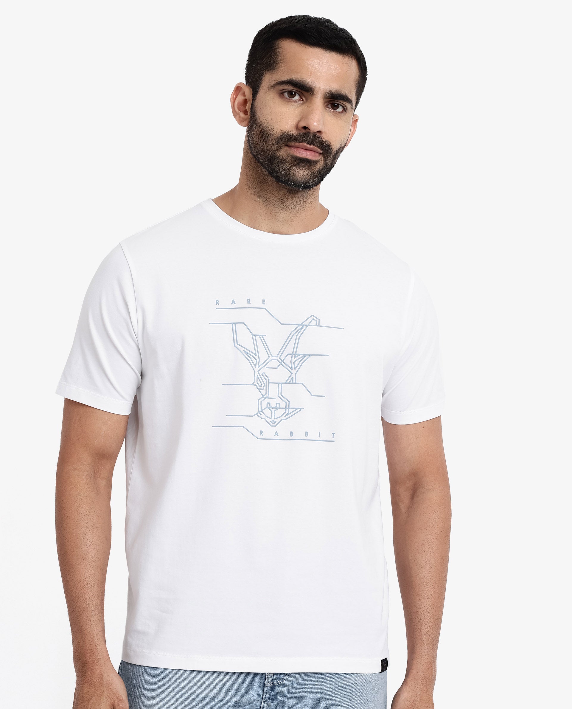 Rare Rabbit Men Vetos White Cotton Lycra Fabric Short Sleeve Crew Neck Regular Fit Logo Graphic Print T-Shirt