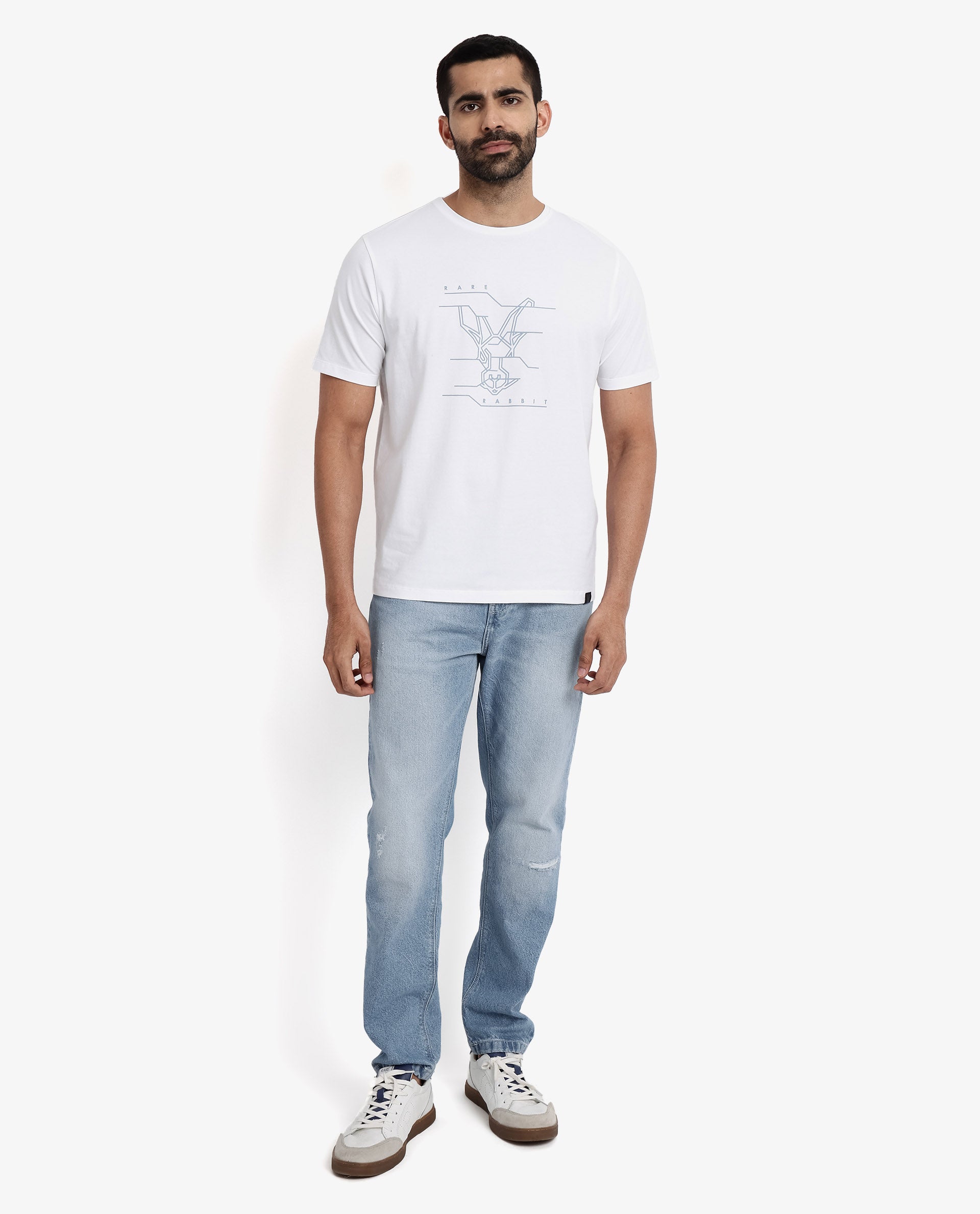 Rare Rabbit Men Vetos White Cotton Lycra Fabric Short Sleeve Crew Neck Regular Fit Logo Graphic Print T-Shirt