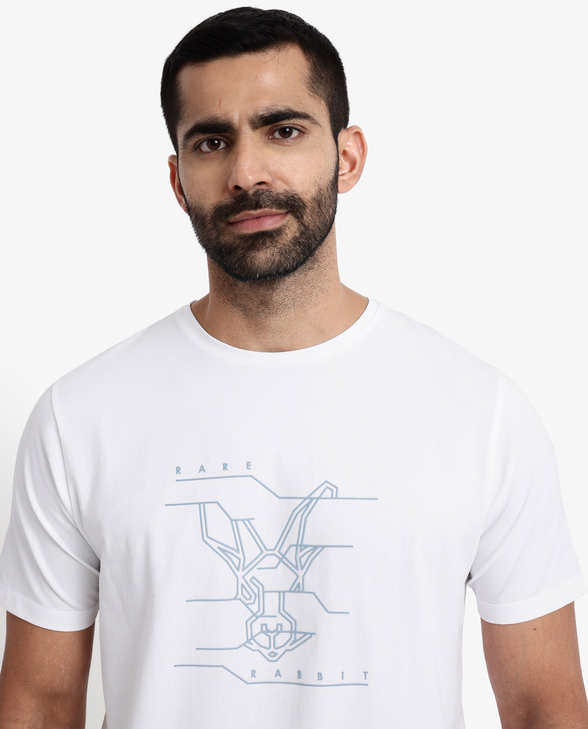 Rare Rabbit Men Vetos White Cotton Lycra Fabric Short Sleeve Crew Neck Regular Fit Logo Graphic Print T-Shirt