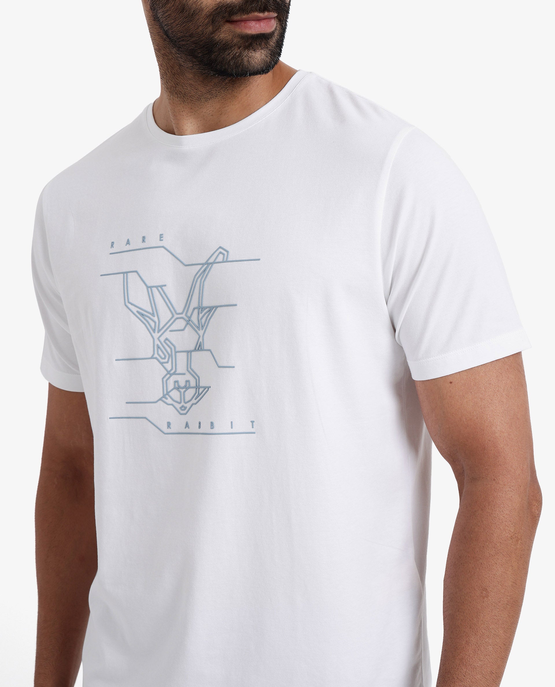 Rare Rabbit Men Vetos White Cotton Lycra Fabric Short Sleeve Crew Neck Regular Fit Logo Graphic Print T-Shirt