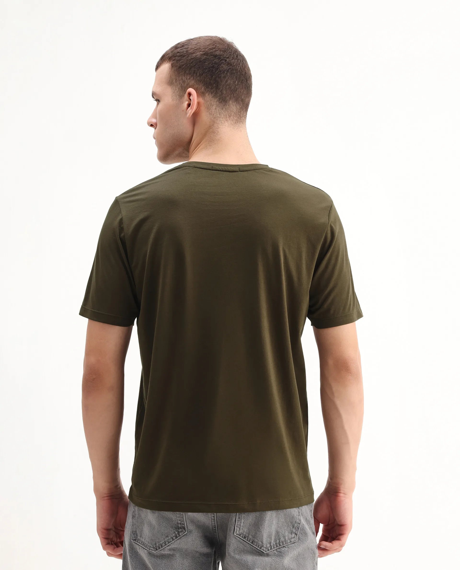 Rare Rabbit Men's Vues Olive Cotton Blend Fabric Half Sleeve Crew Neck Graphic Print T-Shirt