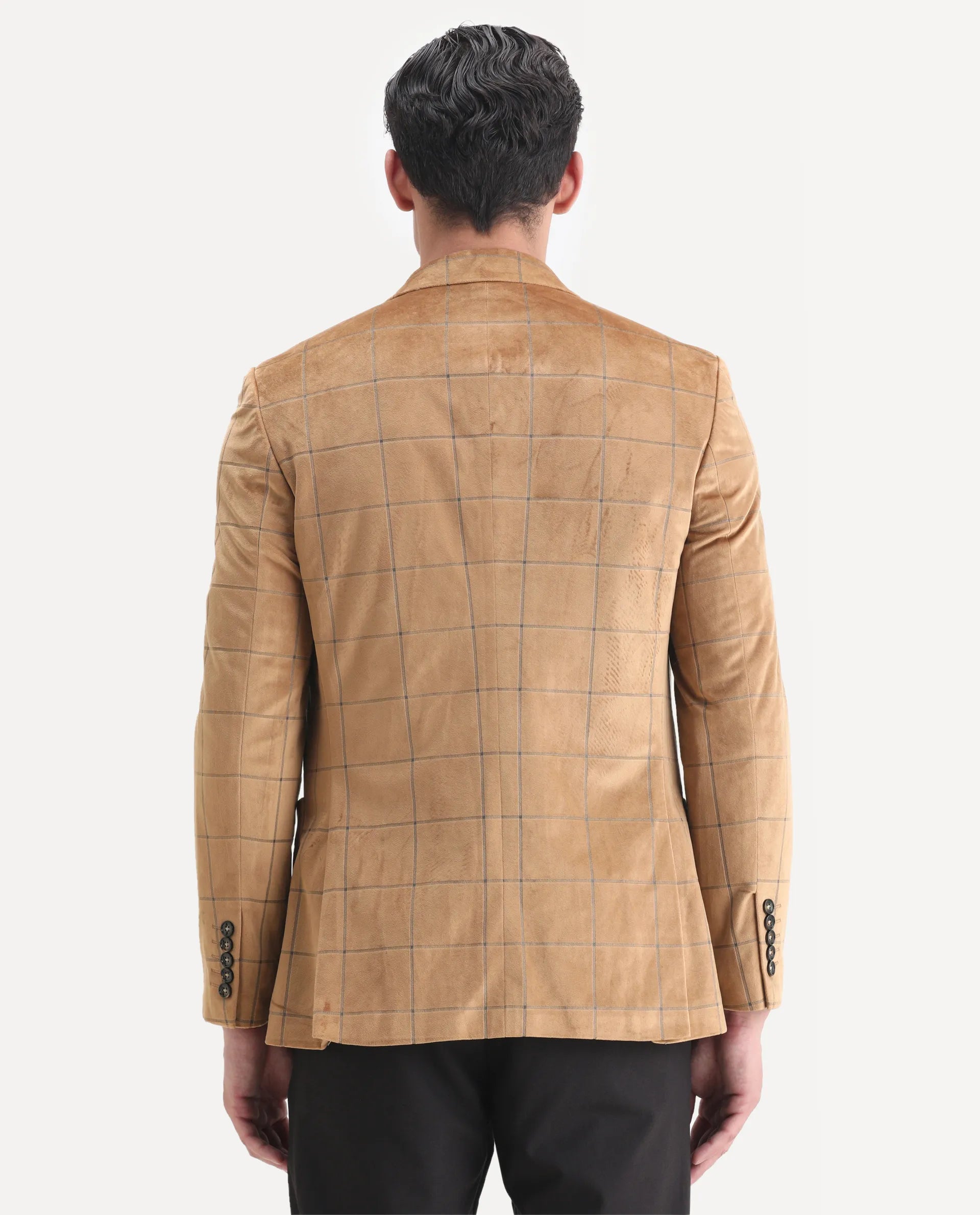 Rare Rabbit Men's Vewet Mustard Velvet Checked Print Tailored Fit Full Sleeve Lapel Neck Blazer