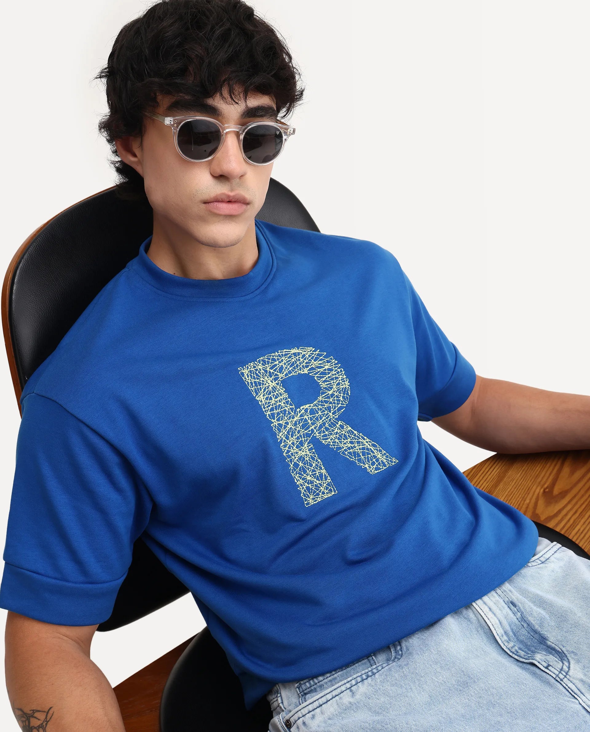 Rare Rabbit Men's Vexi Blue Cotton Blend Embroidered Oversized Fit Half Sleeve Crew Neck T-Shirt