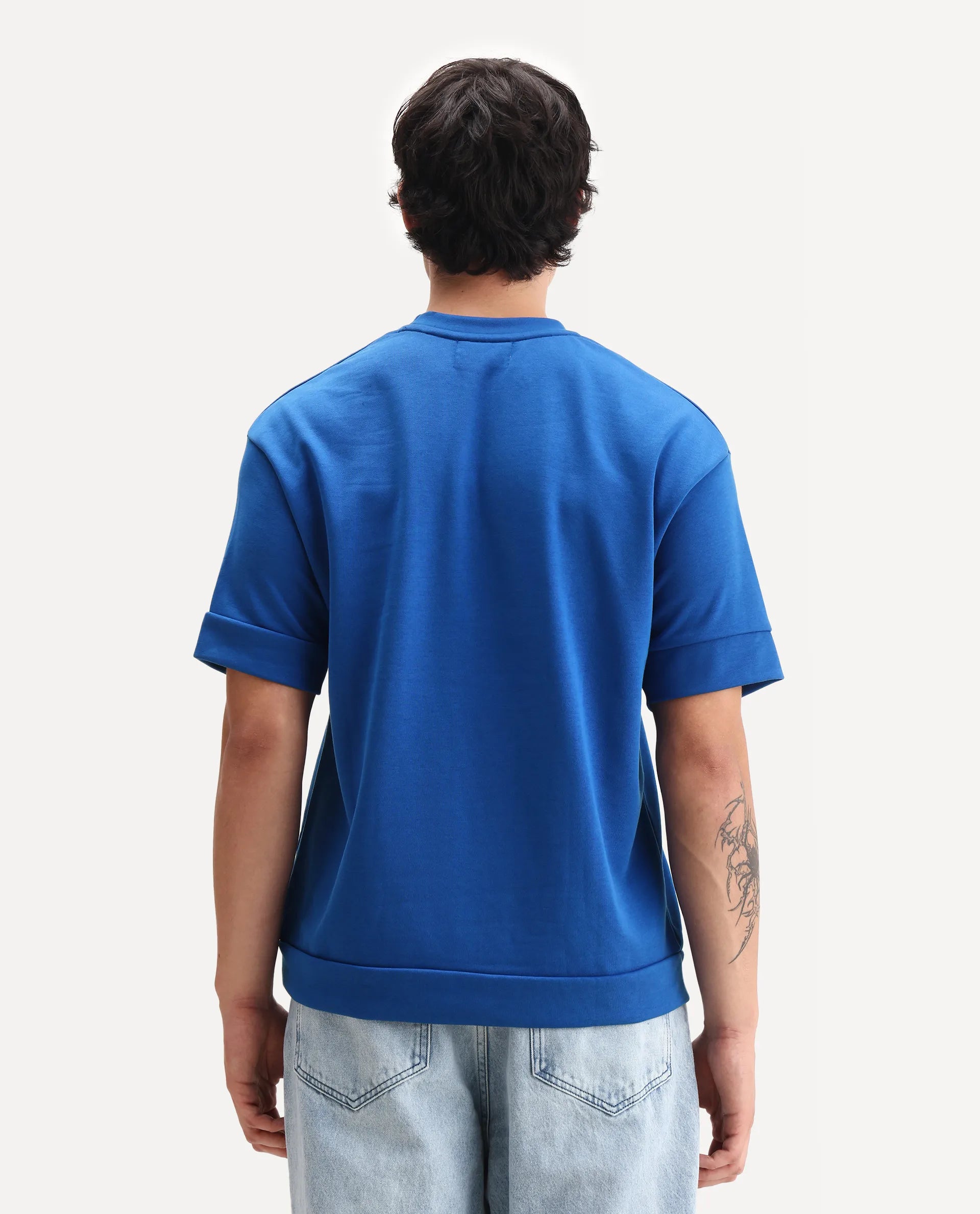 Rare Rabbit Men's Vexi Blue Cotton Blend Embroidered Oversized Fit Half Sleeve Crew Neck T-Shirt