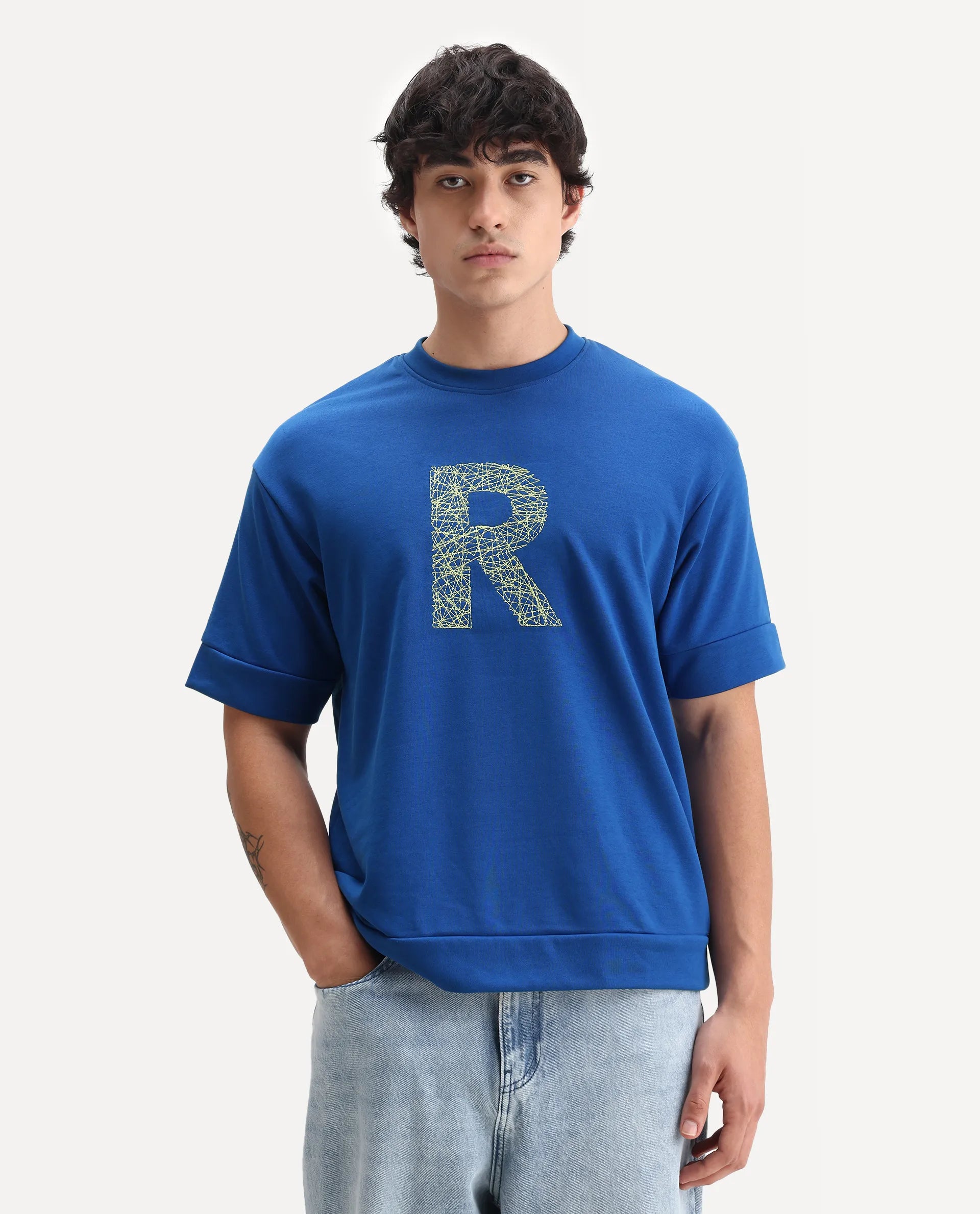 Rare Rabbit Men's Vexi Blue Cotton Blend Embroidered Oversized Fit Half Sleeve Crew Neck T-Shirt