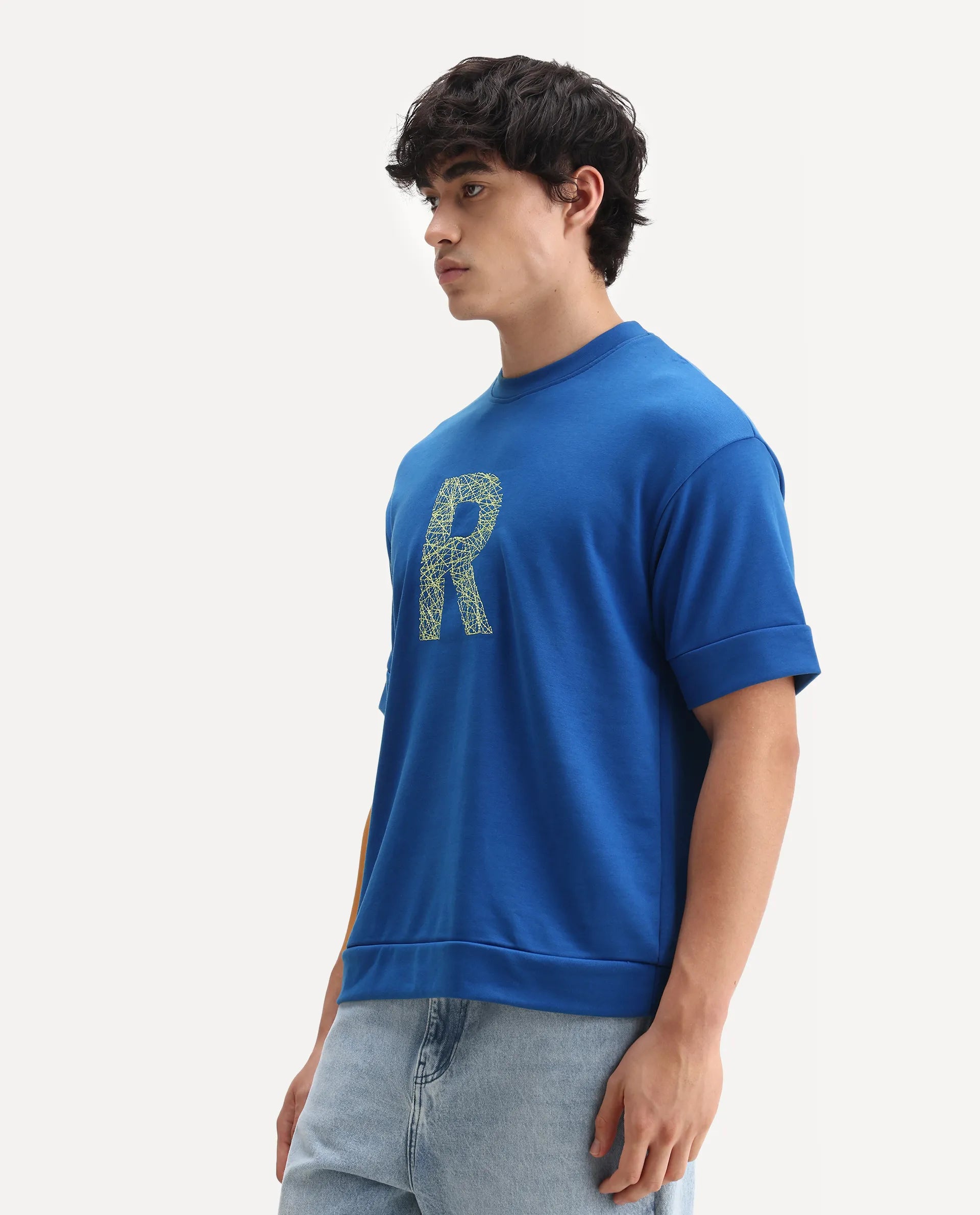 Rare Rabbit Men's Vexi Blue Cotton Blend Embroidered Oversized Fit Half Sleeve Crew Neck T-Shirt