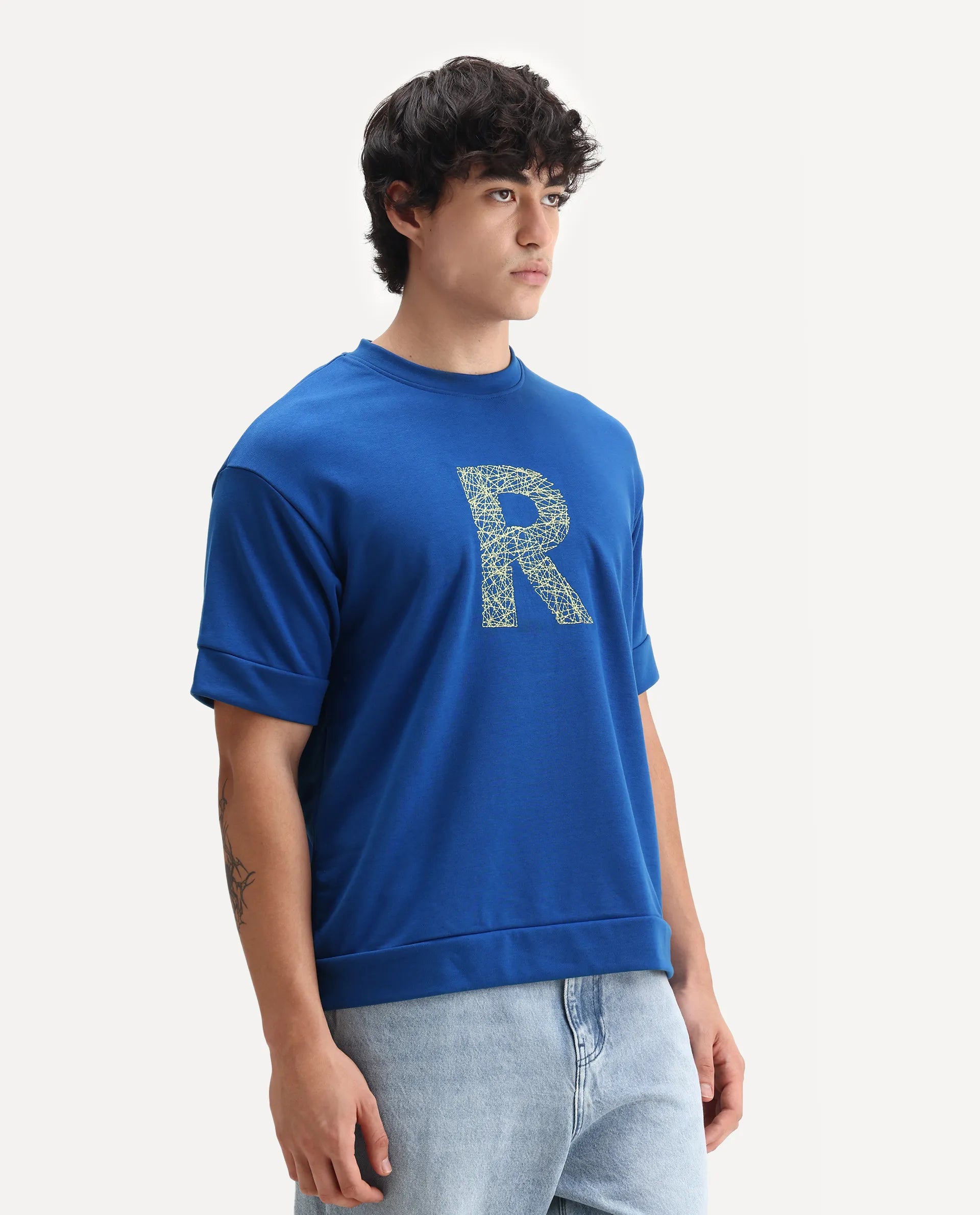 Rare Rabbit Men's Vexi Blue Cotton Blend Embroidered Oversized Fit Half Sleeve Crew Neck T-Shirt
