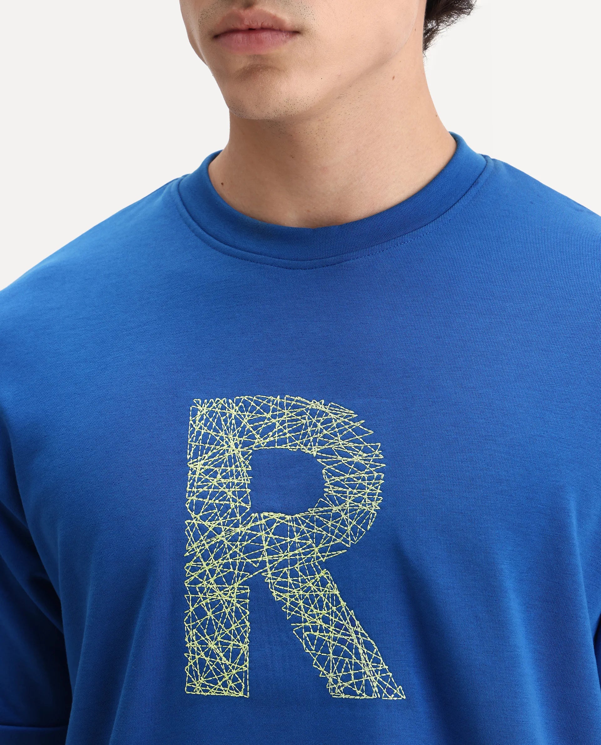 Rare Rabbit Men's Vexi Blue Cotton Blend Embroidered Oversized Fit Half Sleeve Crew Neck T-Shirt