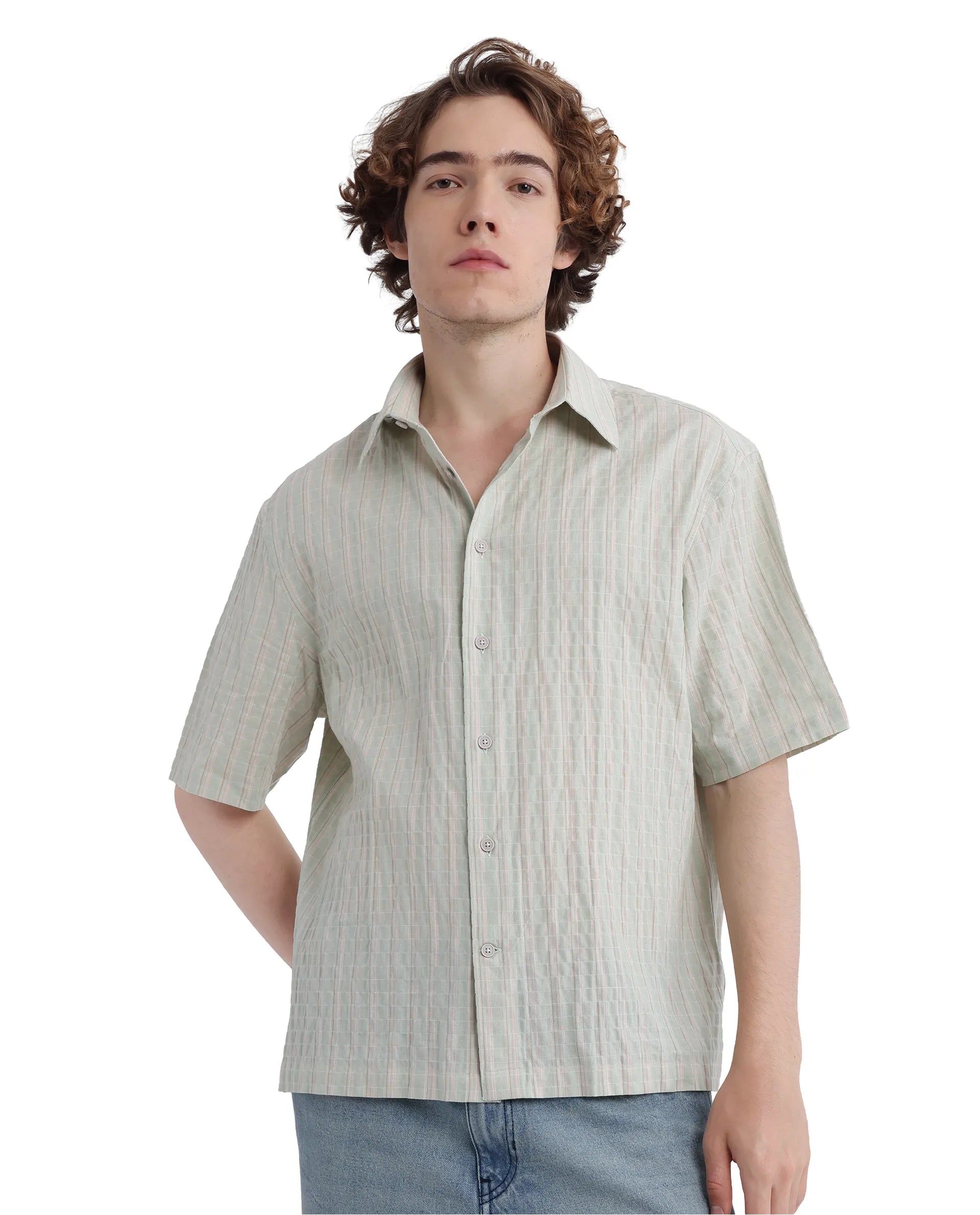 Rare Rabbit Men's Wexder Light Grey Cotton Fabric Short Sleeve Collared Neck Button Closure Multicolor Printed Shirt