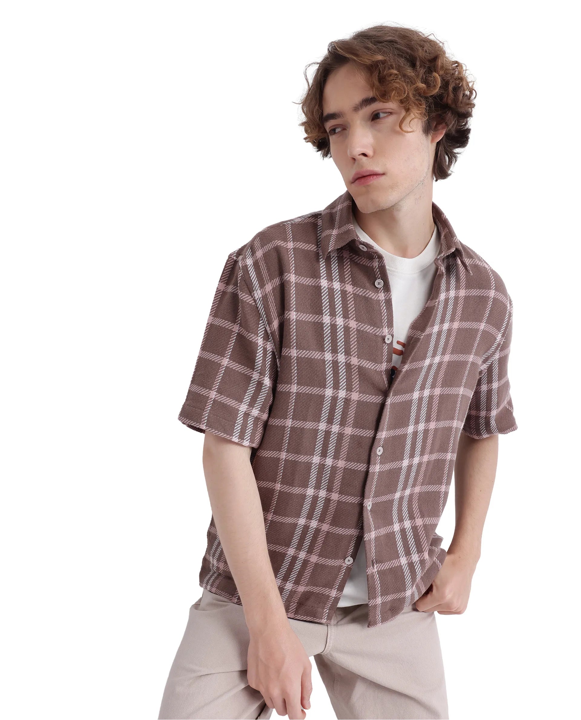 Rare Rabbit Men's Vexlum Light Brown Cotton Fabric Short Sleeve Collared Neck Button Closure Printed Shirt