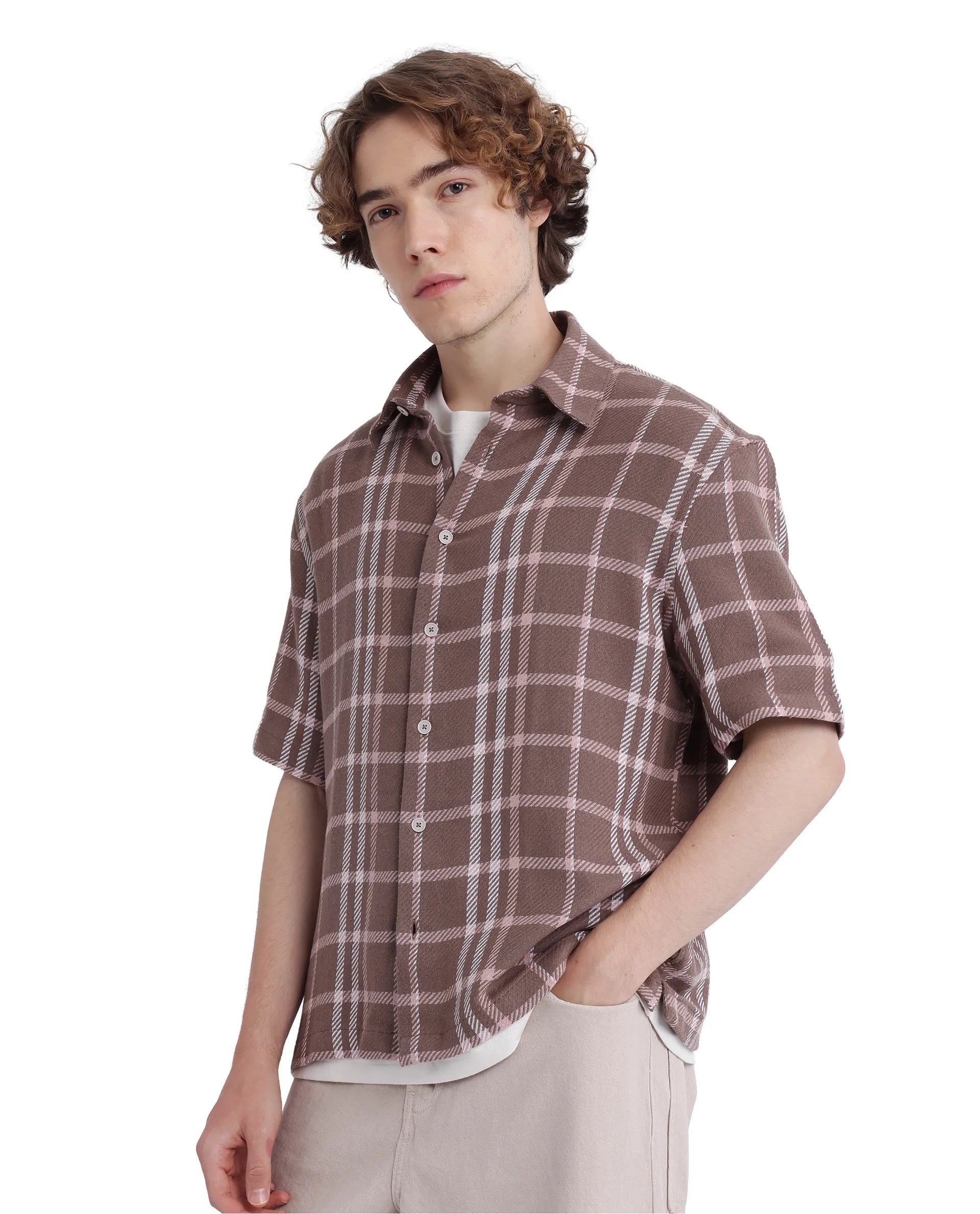 Rare Rabbit Men's Vexlum Light Brown Cotton Fabric Short Sleeve Collared Neck Button Closure Printed Shirt
