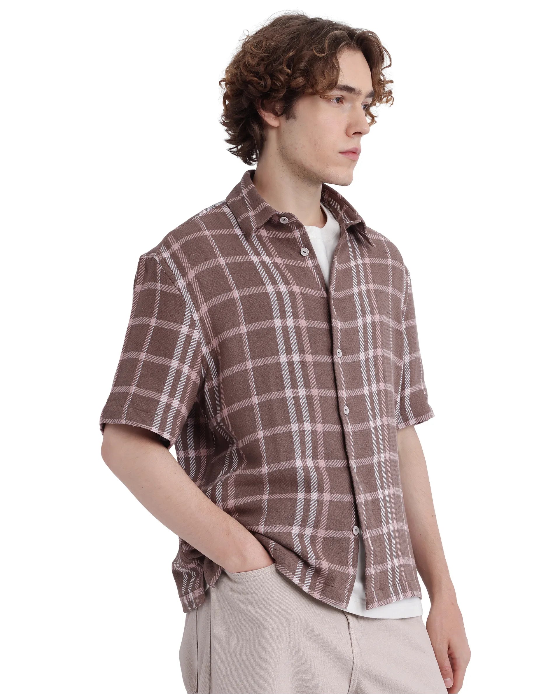 Rare Rabbit Men's Vexlum Light Brown Cotton Fabric Short Sleeve Collared Neck Button Closure Printed Shirt