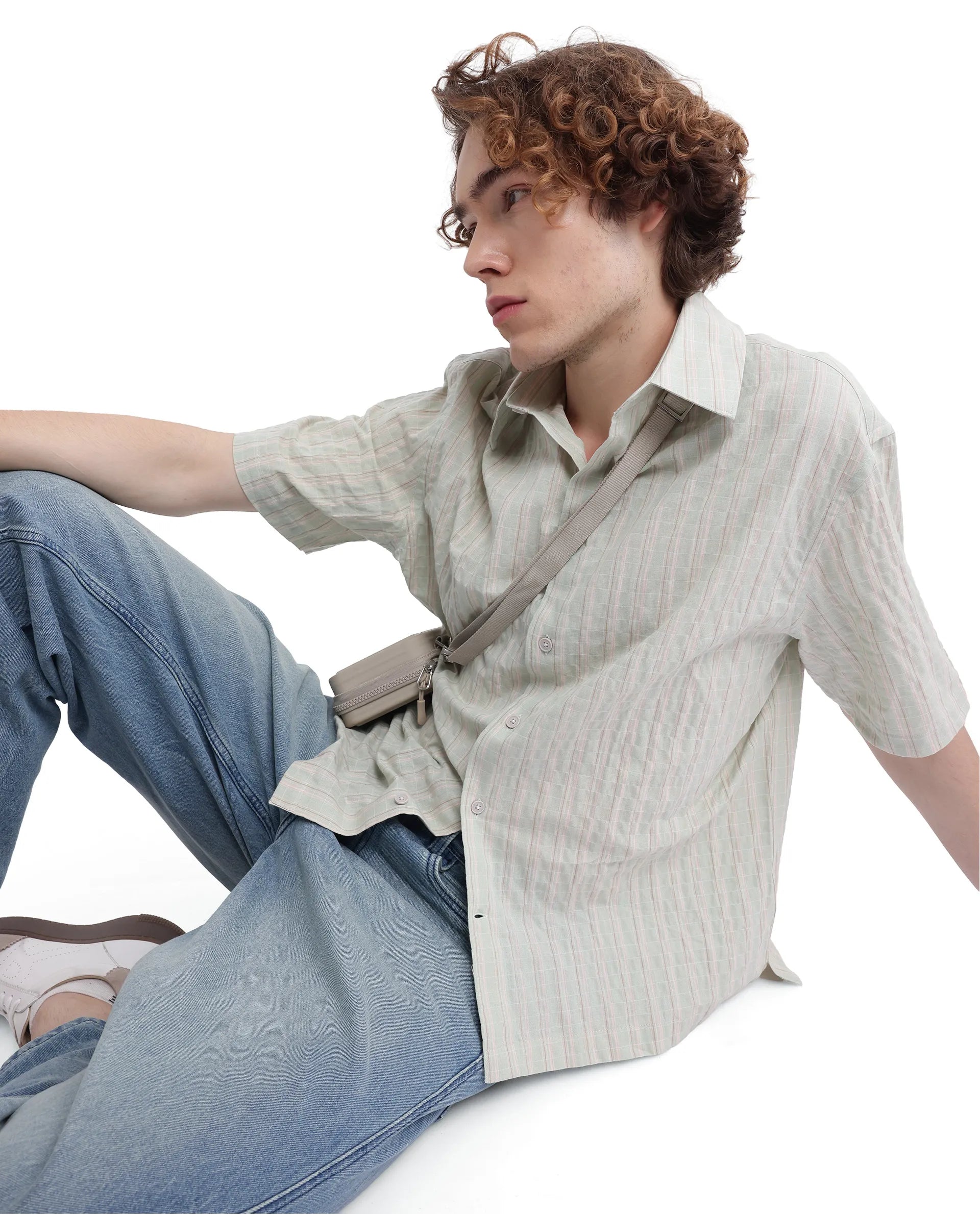 Rare Rabbit Men's Wexder Light Grey Cotton Fabric Short Sleeve Collared Neck Button Closure Multicolor Printed Shirt