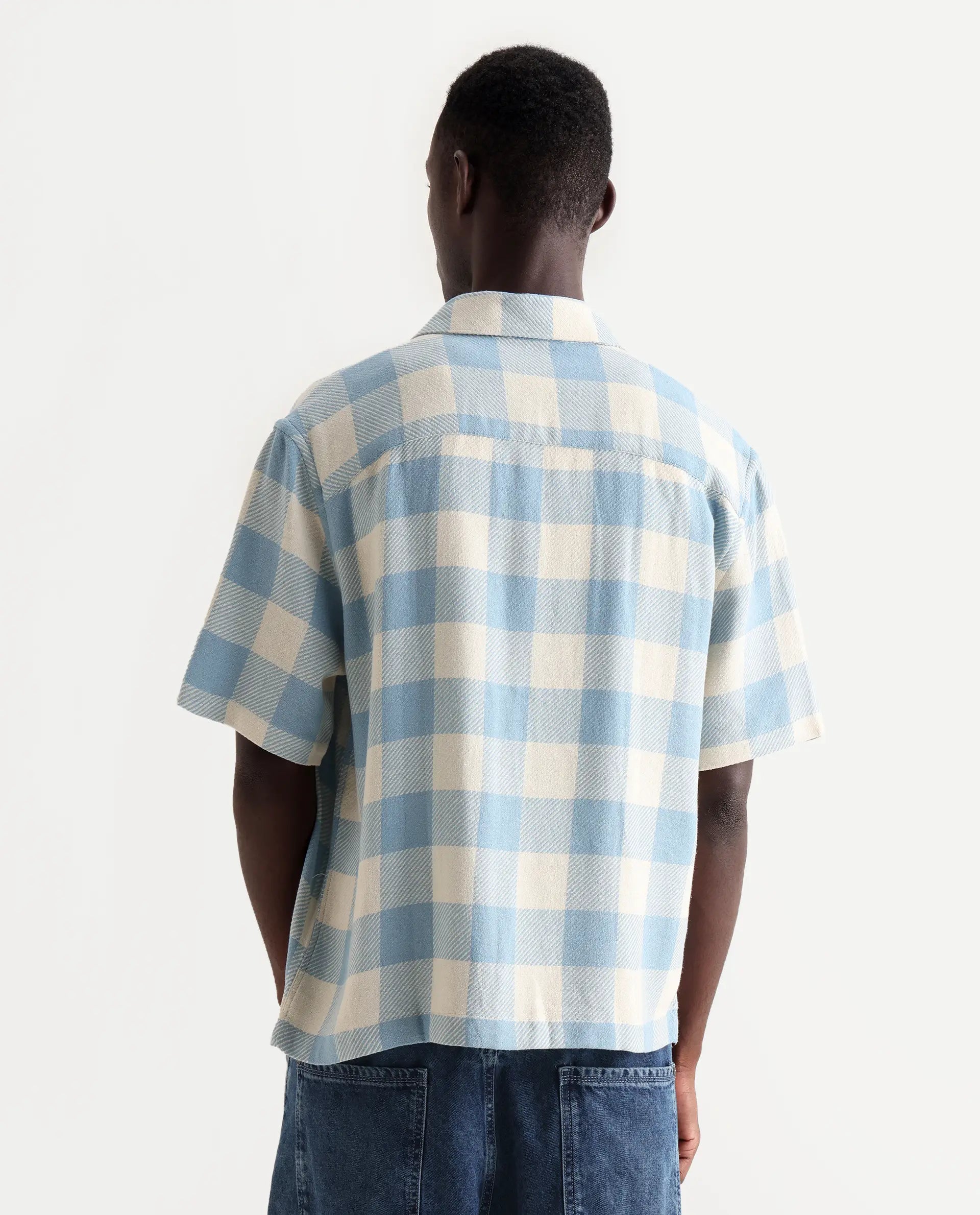 Rare Rabbit Men's Vexlum Light Blue Cotton Checked Print Boxy Fit Half Sleeve Collared Shirt