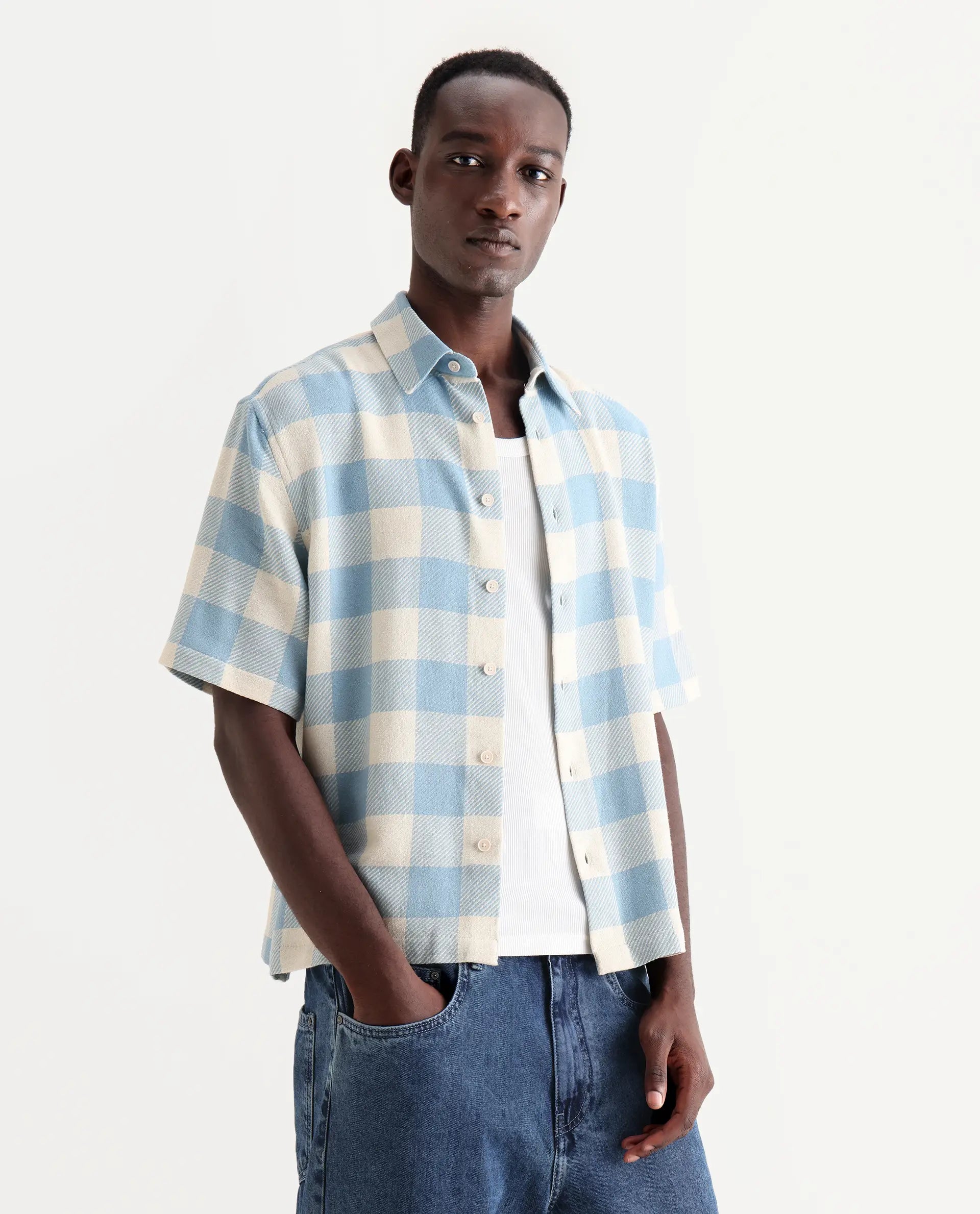 Rare Rabbit Men's Vexlum Light Blue Cotton Checked Print Boxy Fit Half Sleeve Collared Shirt