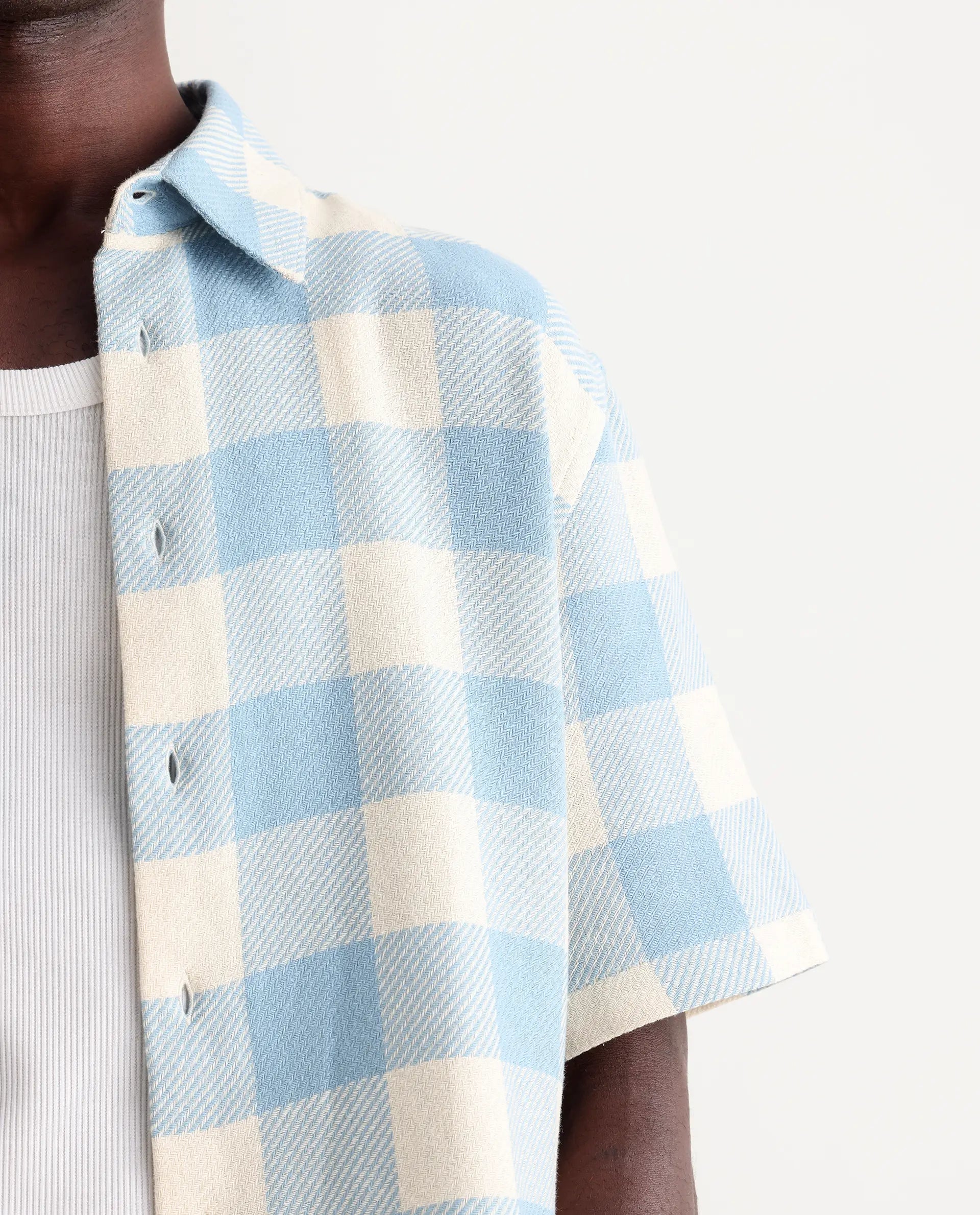 Rare Rabbit Men's Vexlum Light Blue Cotton Checked Print Boxy Fit Half Sleeve Collared Shirt