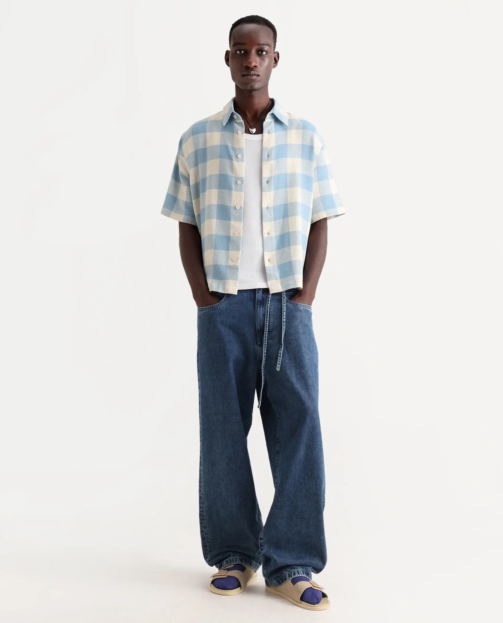 Rare Rabbit Men's Vexlum Light Blue Cotton Checked Print Boxy Fit Half Sleeve Collared Shirt