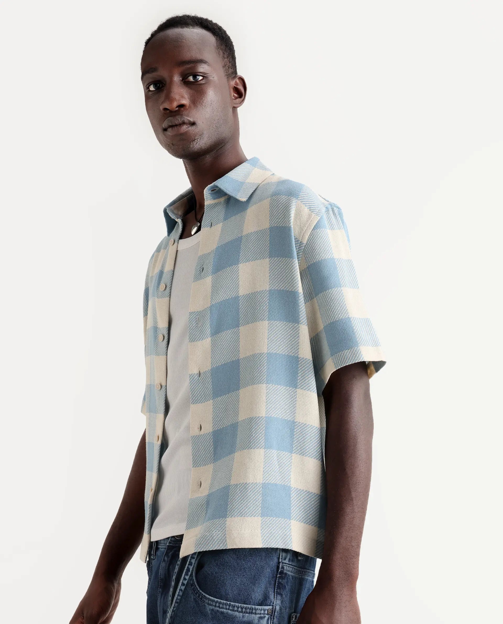 Rare Rabbit Men's Vexlum Light Blue Cotton Checked Print Boxy Fit Half Sleeve Collared Shirt