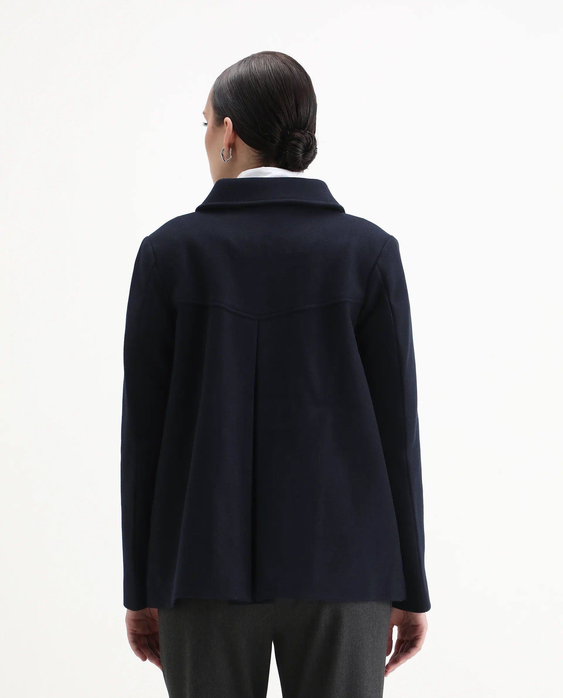 Rareism Women's Viaro Navy Polyester Collared Neck Regular Fit Plain Jacket