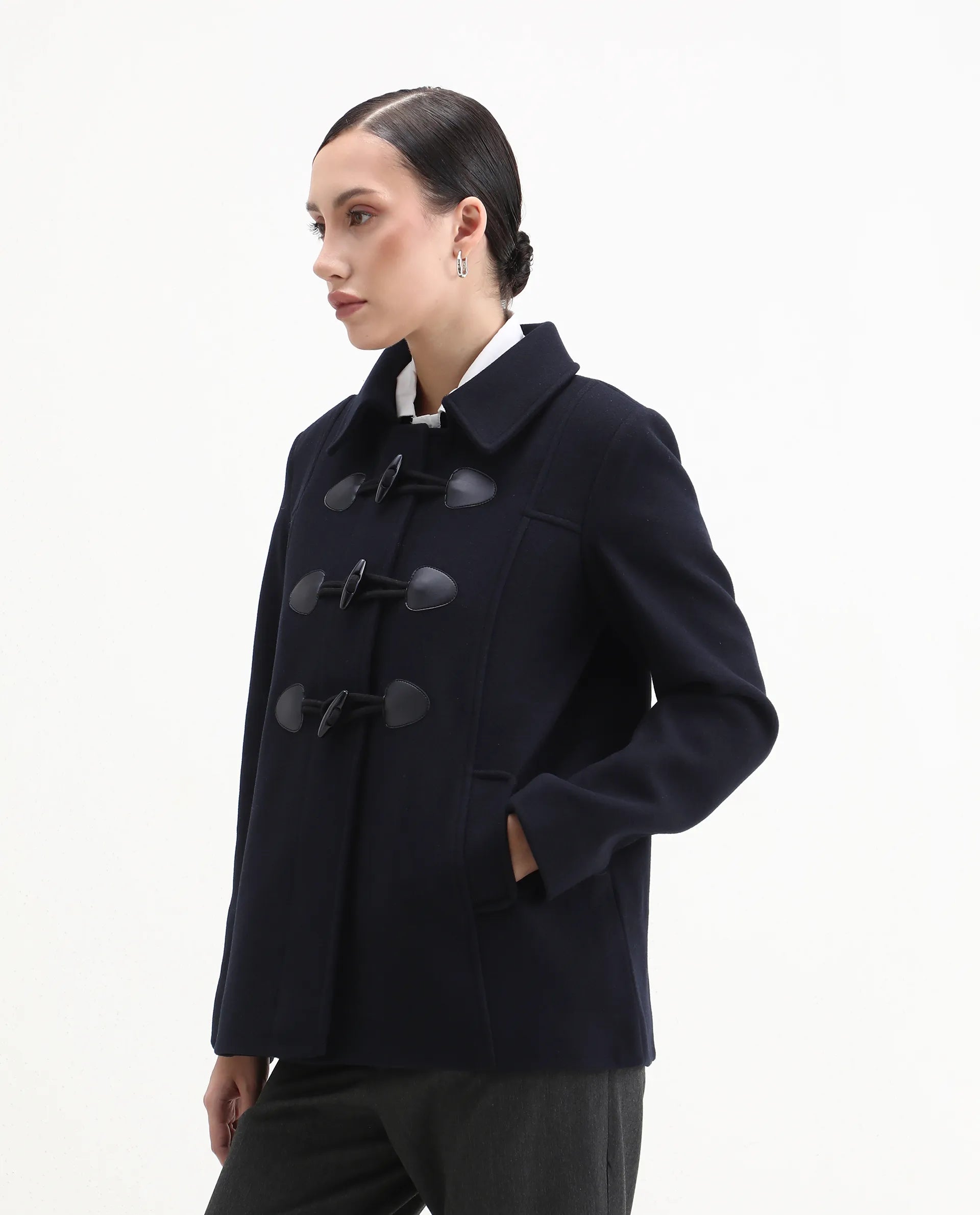 Rareism Women's Viaro Navy Polyester Collared Neck Regular Fit Plain Jacket