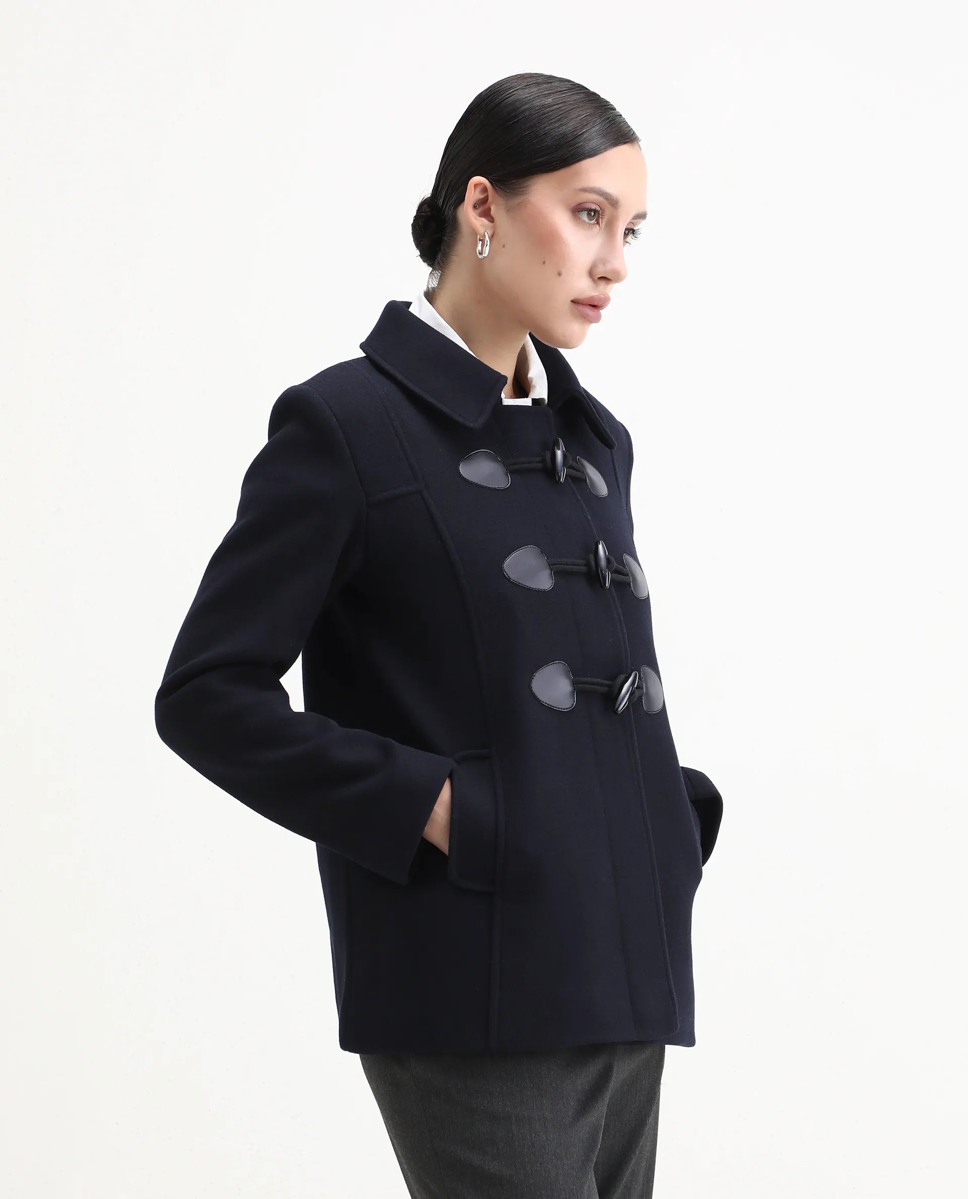 Rareism Women's Viaro Navy Polyester Collared Neck Regular Fit Plain Jacket