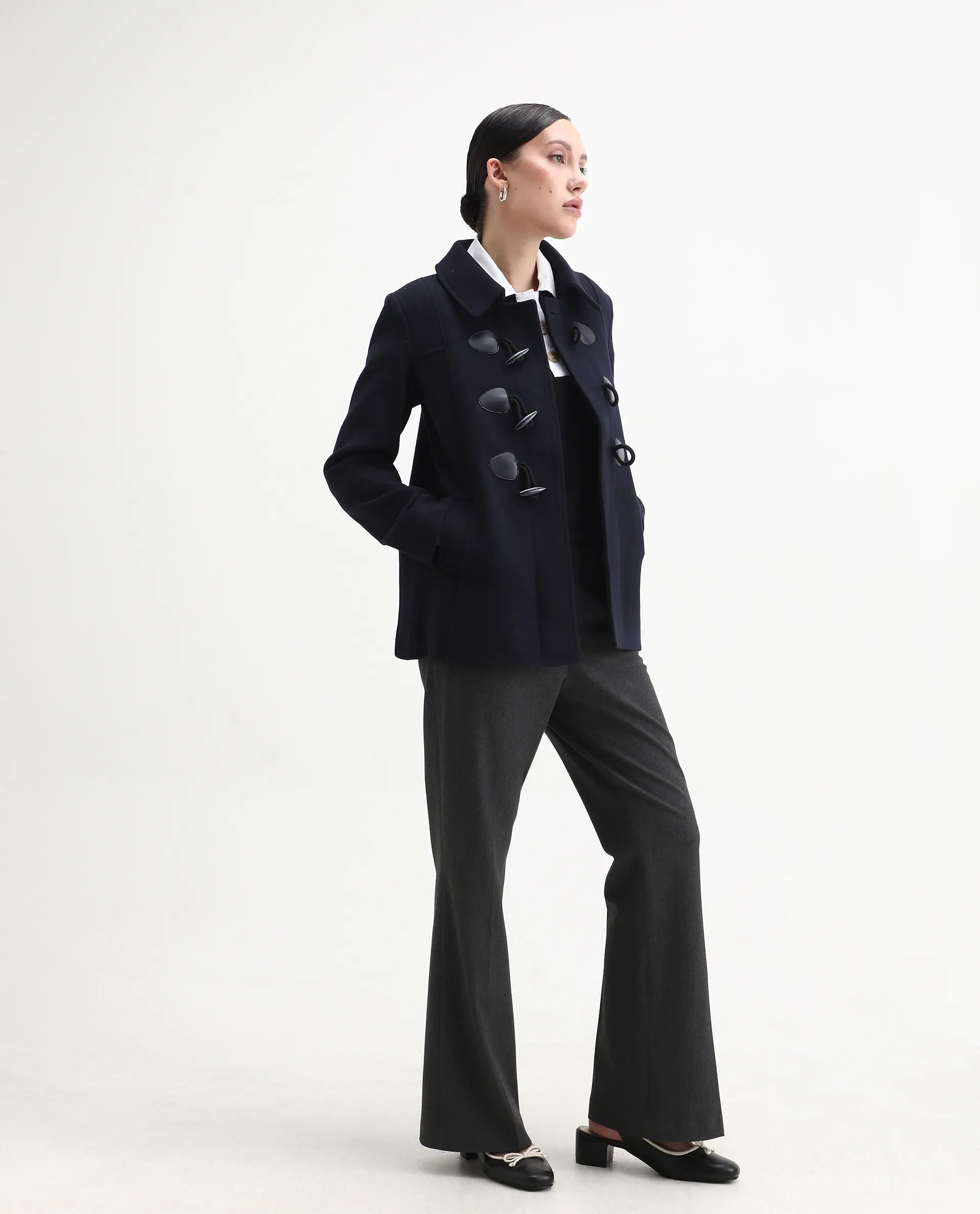 Rareism Women's Viaro Navy Polyester Collared Neck Regular Fit Plain Jacket